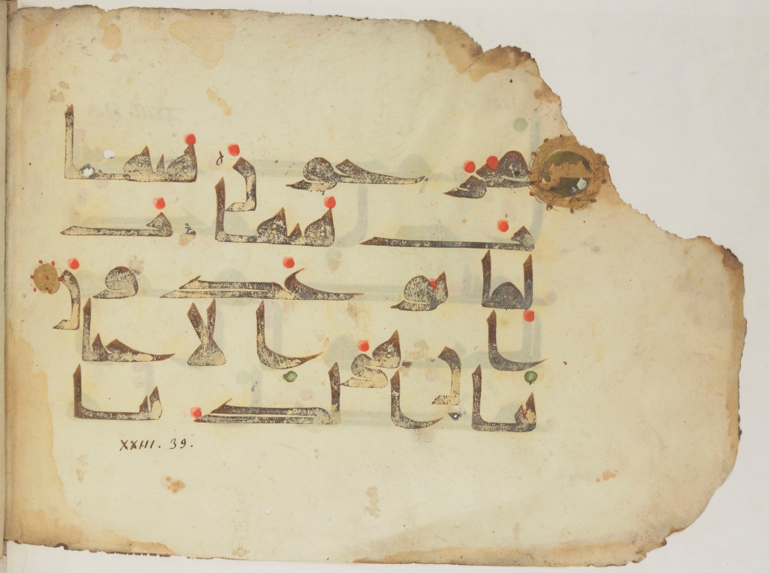 Paris, Bibliothèque nationale de France, Arabe 352 (h) (Scan 2), in kūfī D.I / D.III script, showing Surah 23:35 from Mid-8th to Late 10th Century AD found in Fustat (Old Cairo), Egypt, currently housed at Bibliothèque nationale de France, Paris