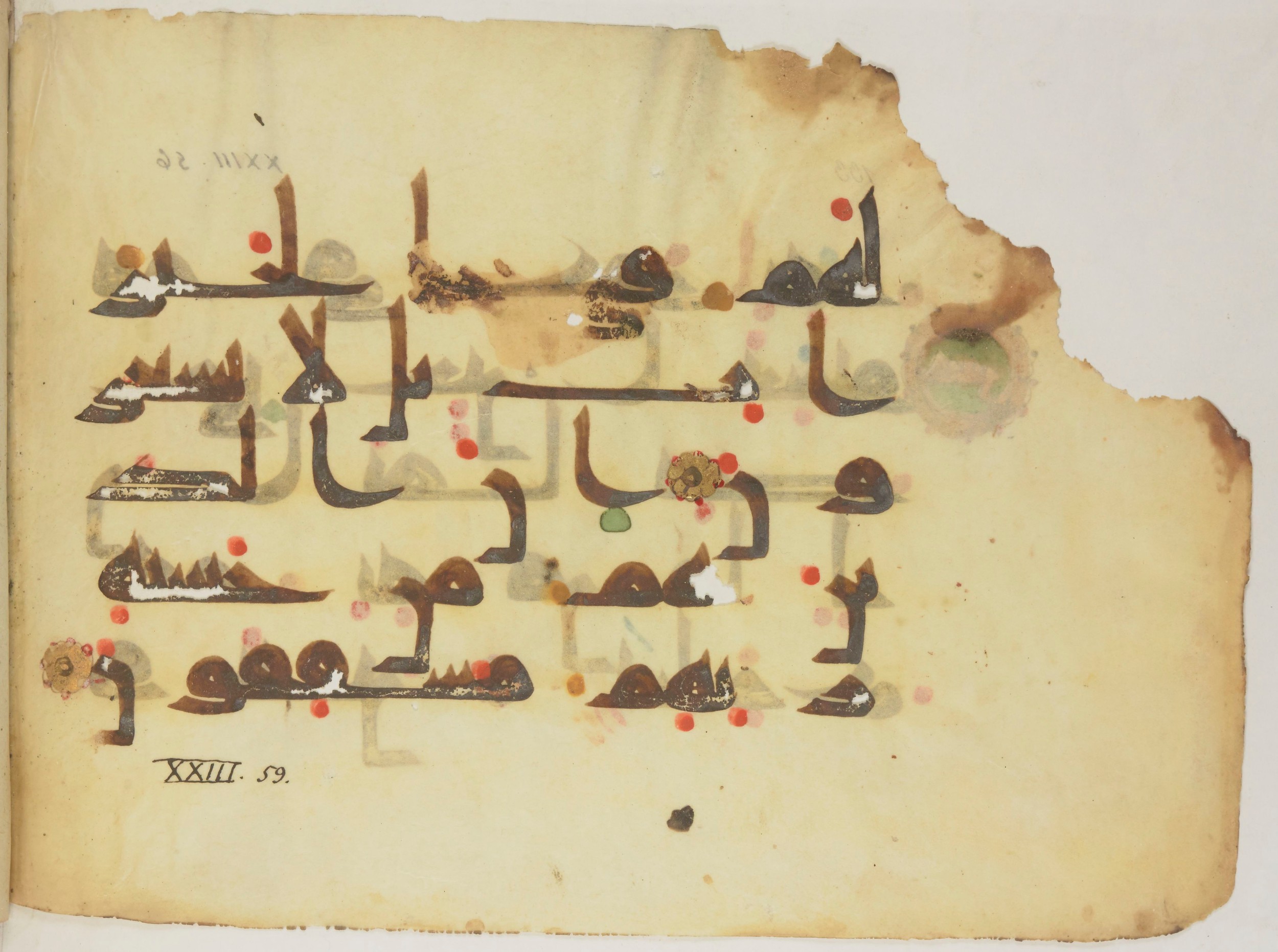 Paris, Bibliothèque nationale de France, Arabe 352 (h) (Scan 2), in kūfī D.I / D.III script, showing Surah 23:56 from Mid-8th to Late 10th Century AD found in Fustat (Old Cairo), Egypt, currently housed at Bibliothèque nationale de France, Paris