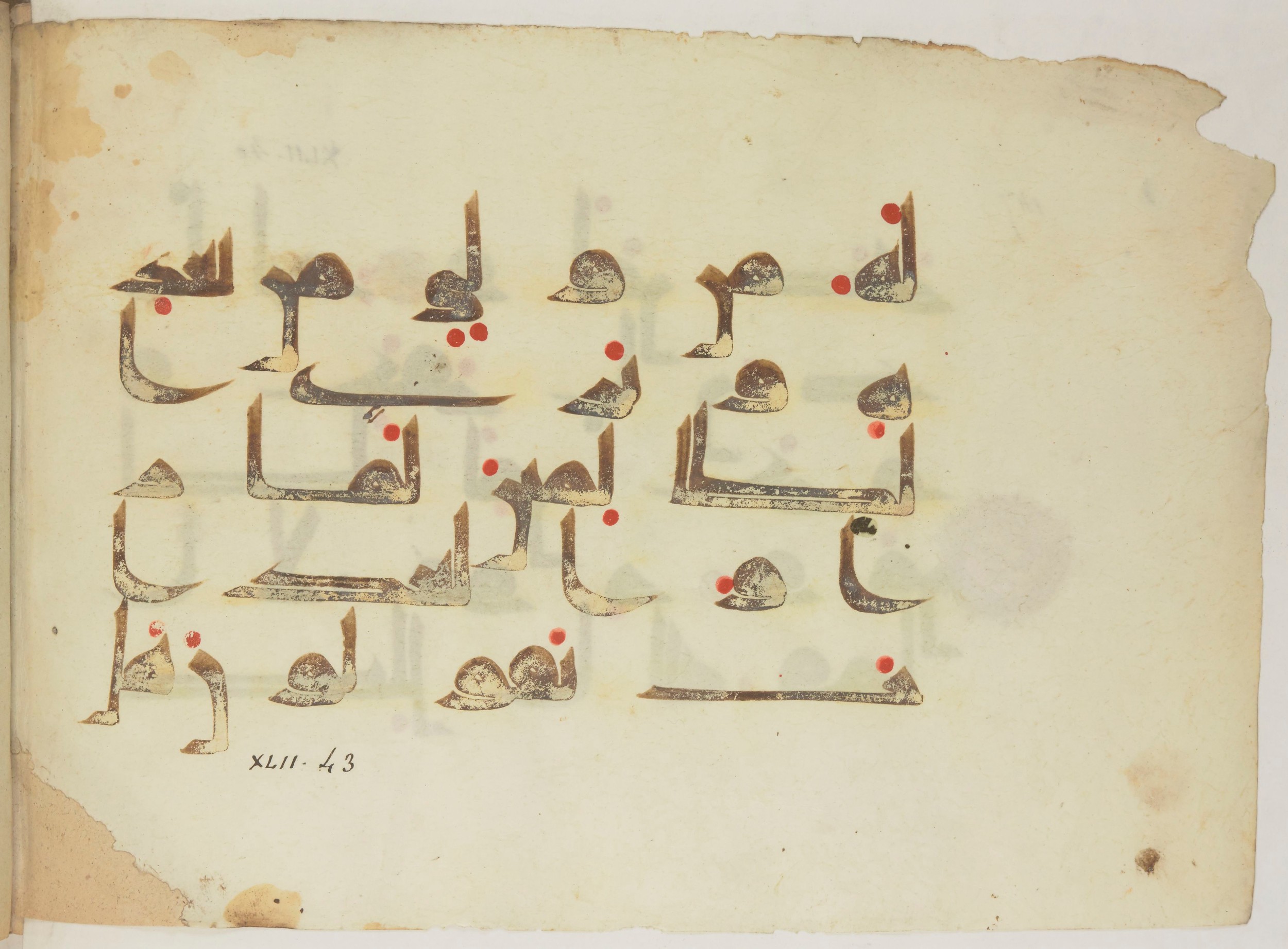 Paris, Bibliothèque nationale de France, Arabe 352 (h) (Scan 2), in kūfī D.I / D.III script, showing Surah 42:44 from Mid-8th to Late 10th Century AD found in Fustat (Old Cairo), Egypt, currently housed at Bibliothèque nationale de France, Paris