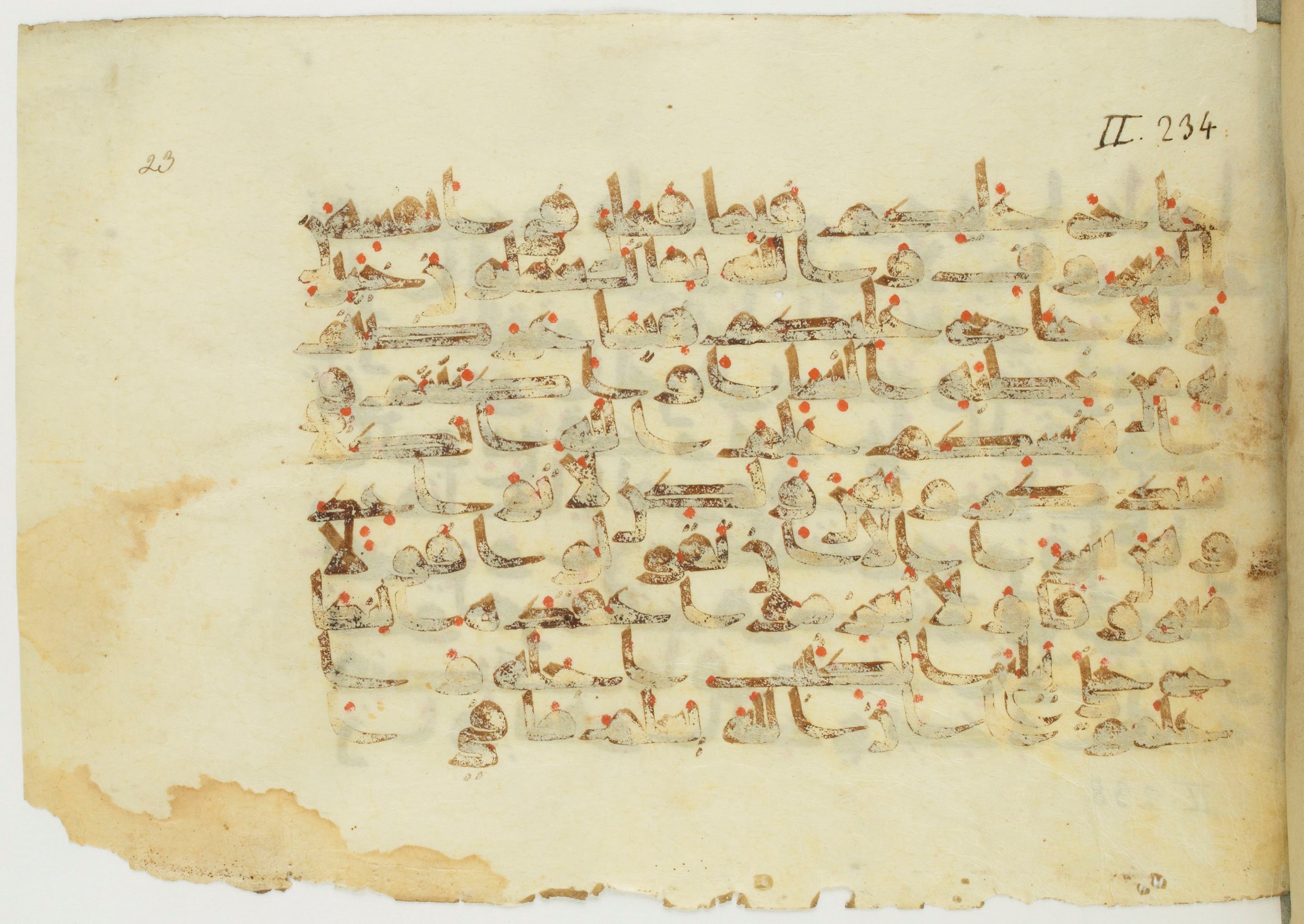 Paris, Bibliothèque nationale de France, Arabe 353 (b) (Scan 1), in Kufic Group D script, showing Surah 2:235 from Mid-8th to Late 10th Century AD found in al-Fusṭāṭ, Egypt, currently housed at Bibliothèque nationale de France, Paris