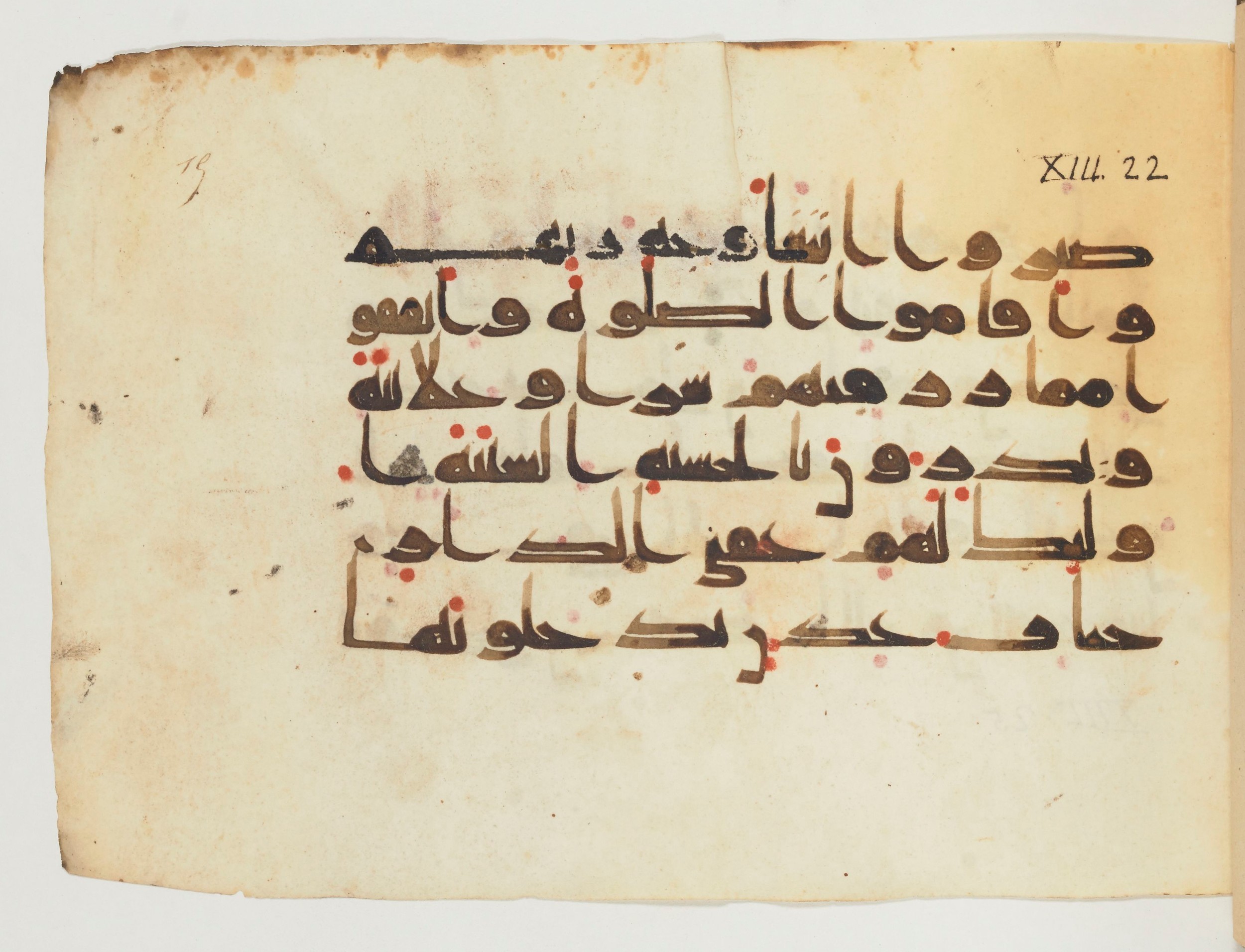 Paris, Bibliothèque nationale de France, Arabe 354 (c) (Scan 1), in Kufic D.Va script, showing Surah 13:23 from Mid 8th to Late 9th Century AD found in Fustat (Old Cairo), Egypt, currently housed at Bibliothèque nationale de France, Paris