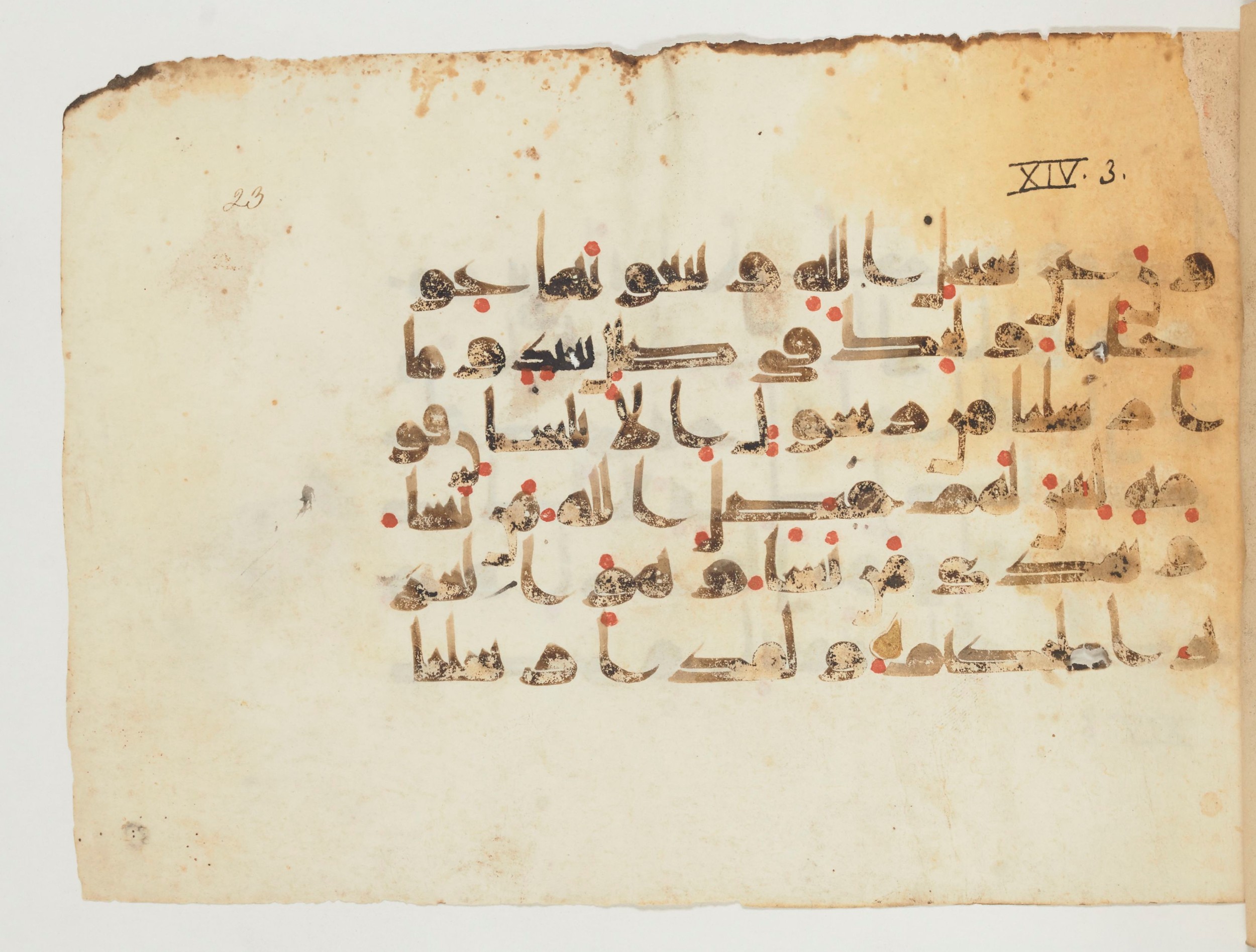 Paris, Bibliothèque nationale de France, Arabe 354 (c) (Scan 2), in Kufic D.Va script, showing Surah 14:3 from Mid 8th to Late 9th Century AD found in Fustat (Old Cairo), Egypt, currently housed at Bibliothèque nationale de France, Paris