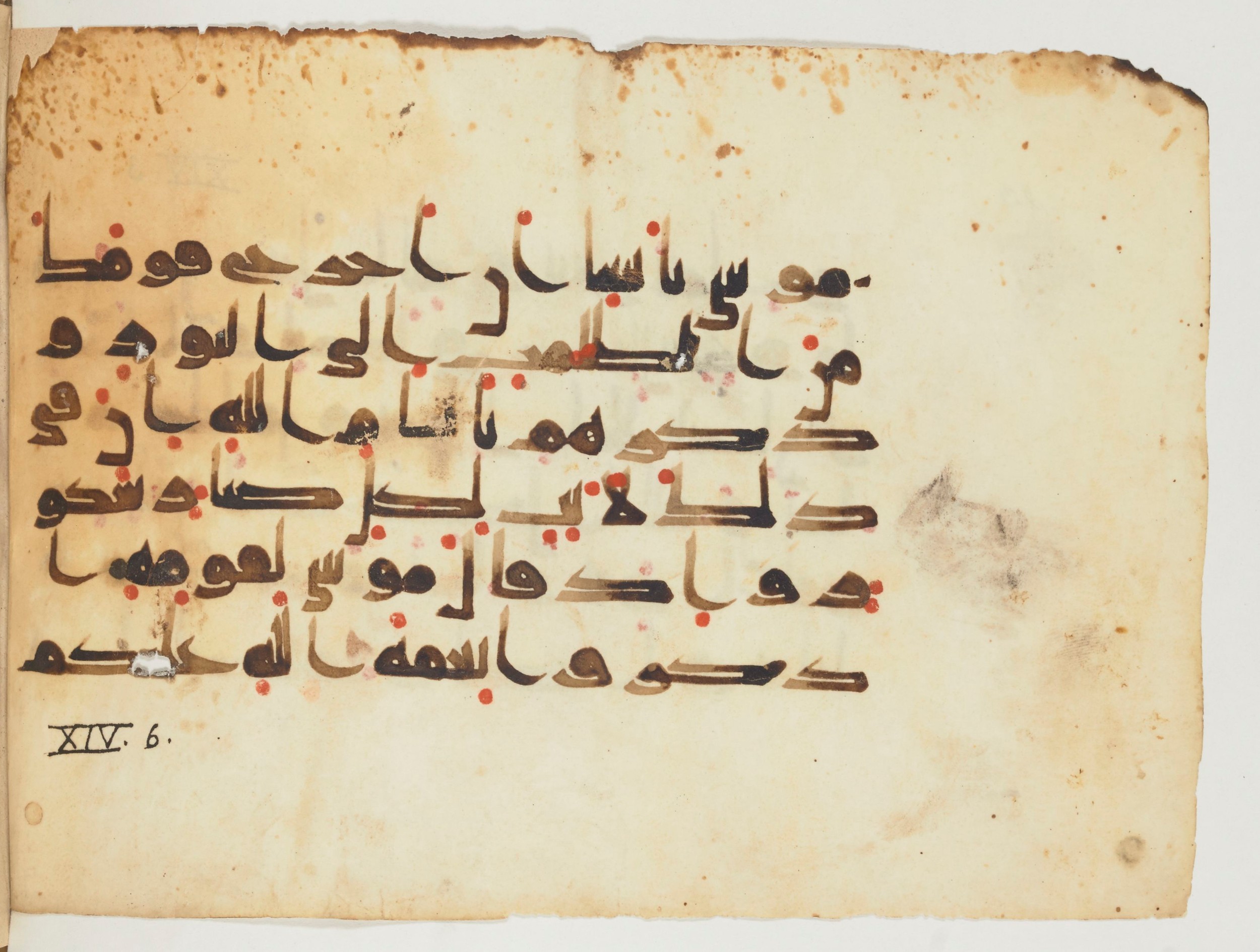 Paris, Bibliothèque nationale de France, Arabe 354 (c) (Scan 2), in Kufic D.Va script, showing Surah 14:5 from Mid 8th to Late 9th Century AD found in Fustat (Old Cairo), Egypt, currently housed at Bibliothèque nationale de France, Paris