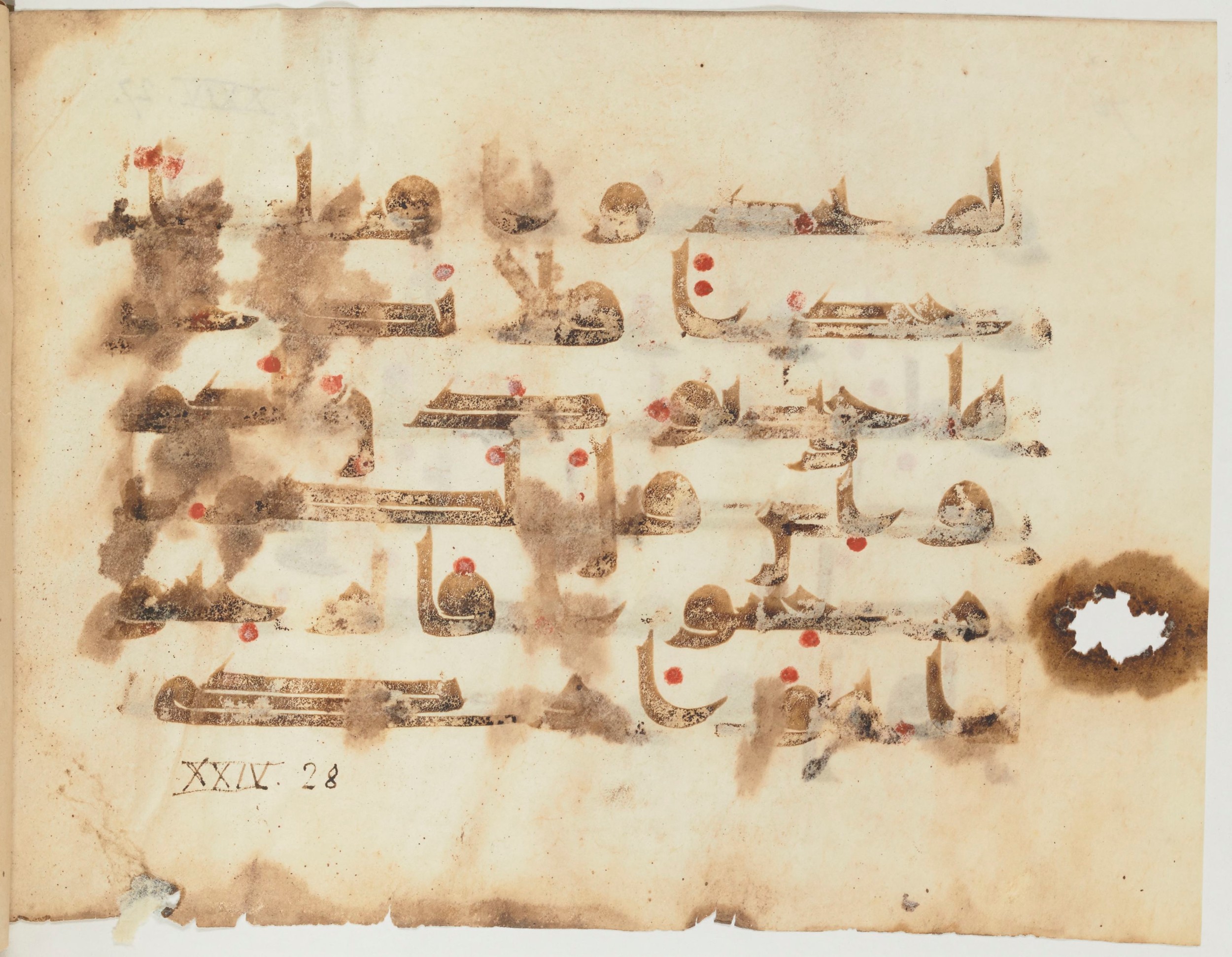 Paris, Bibliothèque nationale de France, Arabe 354 (e) (Scan 2), in kūfī D.I script, showing Surah 24:28 from Mid 8th to Late 10th Century AD found in al-Fusṭāṭ (Old Cairo), Egypt, currently housed at Bibliothèque nationale de France, Paris