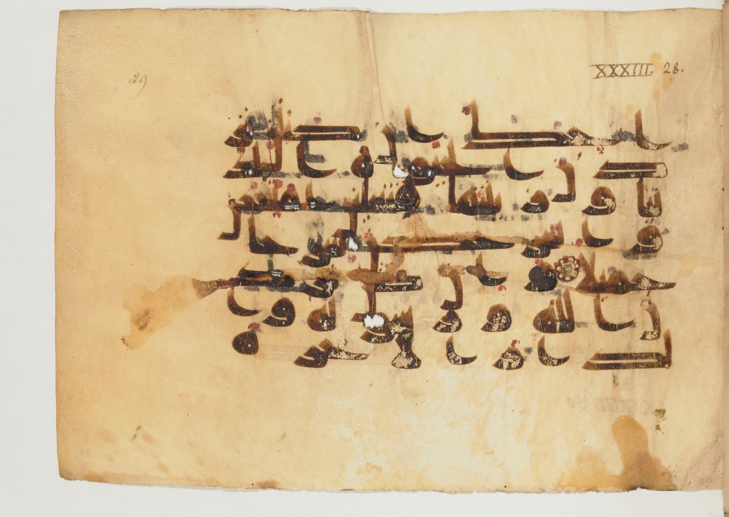 Paris, Bibliothèque nationale de France, Arabe 355 (a) (Scan 1), in D I / D III script, showing Surah 33:29 from Mid-8th to 10th Century AD found in Fustat (Old Cairo), Egypt, currently housed at Bibliothèque nationale de France, Paris