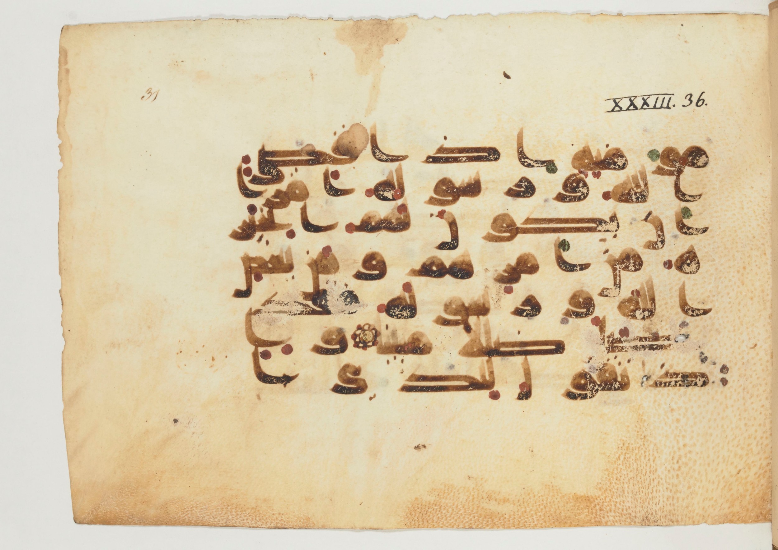 Paris, Bibliothèque nationale de France, Arabe 355 (a) (Scan 1), in D I / D III script, showing Surah 33:37 from Mid-8th to 10th Century AD found in Fustat (Old Cairo), Egypt, currently housed at Bibliothèque nationale de France, Paris
