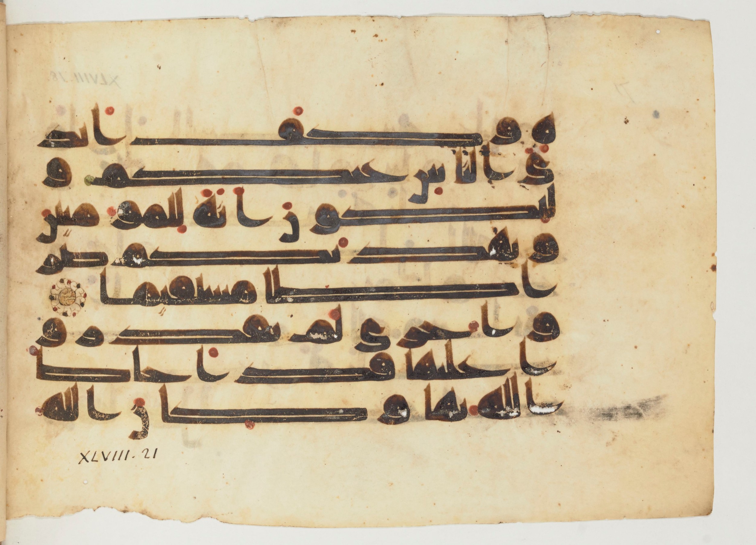 Paris, Bibliothèque nationale de France, Arabe 355 (b) (Scan 1), in Kūfī D.I script, showing Surah 48:21 from Mid 8th to Late 10th Century AD found in Fustat (Old Cairo), Egypt, currently housed at Bibliothèque nationale de France, Paris