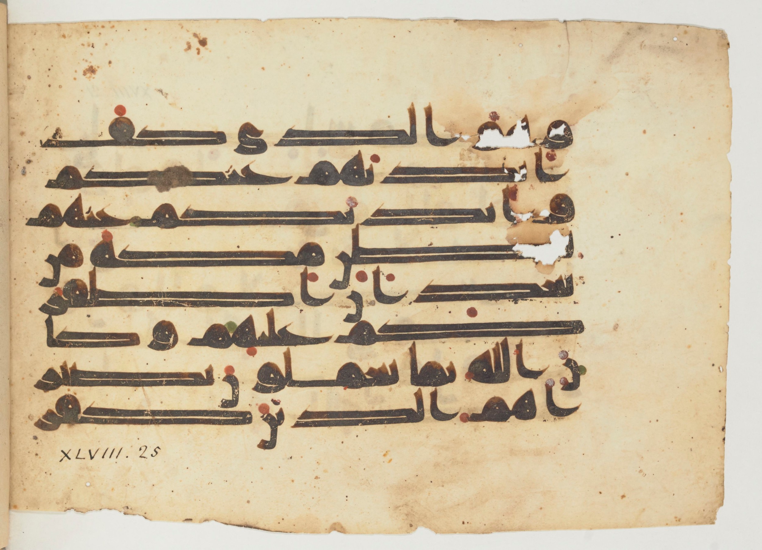 Paris, Bibliothèque nationale de France, Arabe 355 (b), in Kūfī D.I script, showing Surah 48:24 from Mid 8th to Late 10th Century AD found in Fustat (Old Cairo), Egypt, currently housed at Bibliothèque nationale de France, Paris
