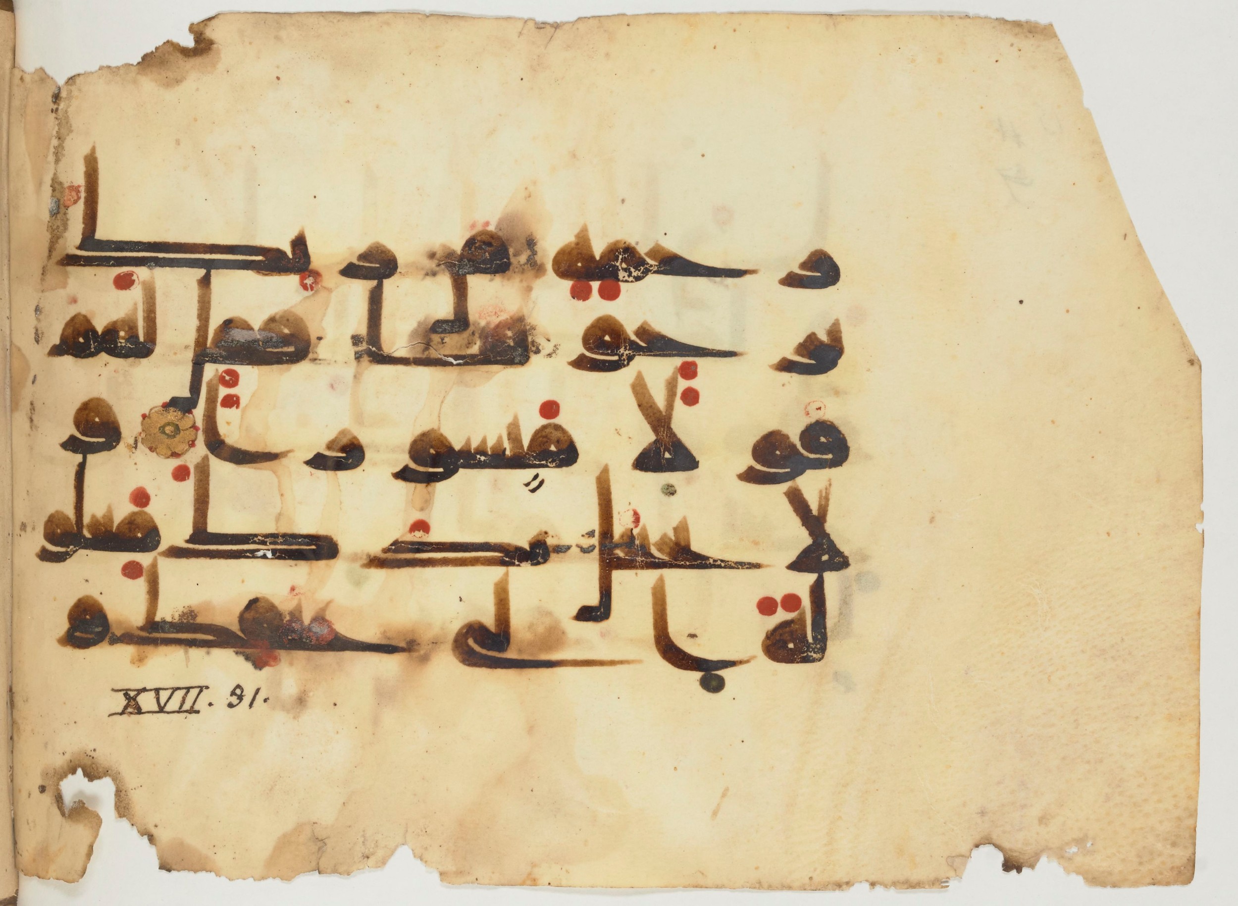 Paris, Bibliothèque nationale de France, Arabe 356 (a) (Scan 2), in kūfī D.III script, showing Surah 17:28 from Mid 8th to Late 10th Century AD found in al-Fusṭāṭ (Fustat), Egypt, currently housed at Bibliothèque nationale de France, Paris