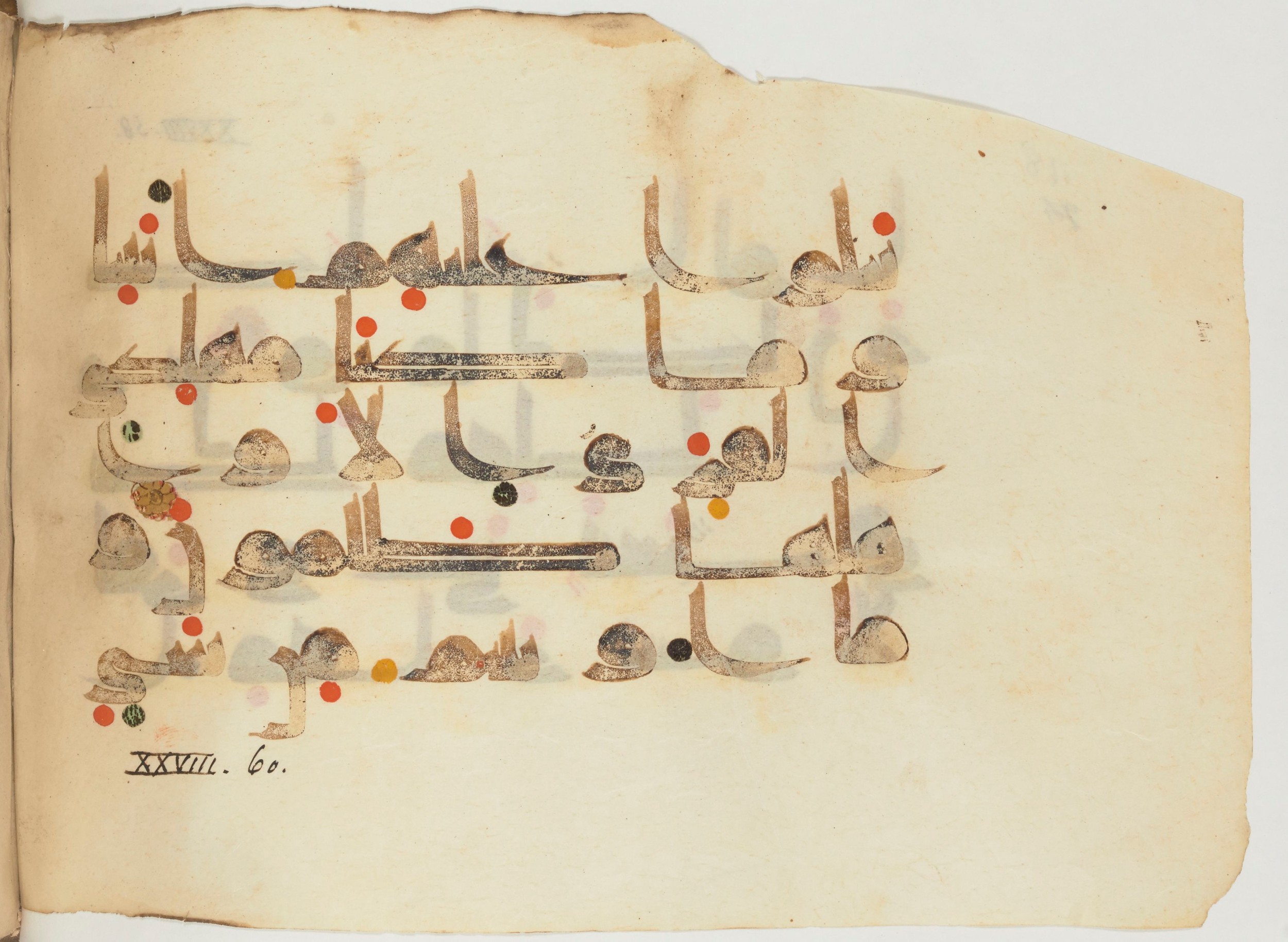 Paris, Bibliothèque nationale de France, Arabe 356 (a) (Scan 2), in kūfī D.III script, showing Surah 28:59 from Mid 8th to Late 10th Century AD found in al-Fusṭāṭ (Fustat), Egypt, currently housed at Bibliothèque nationale de France, Paris