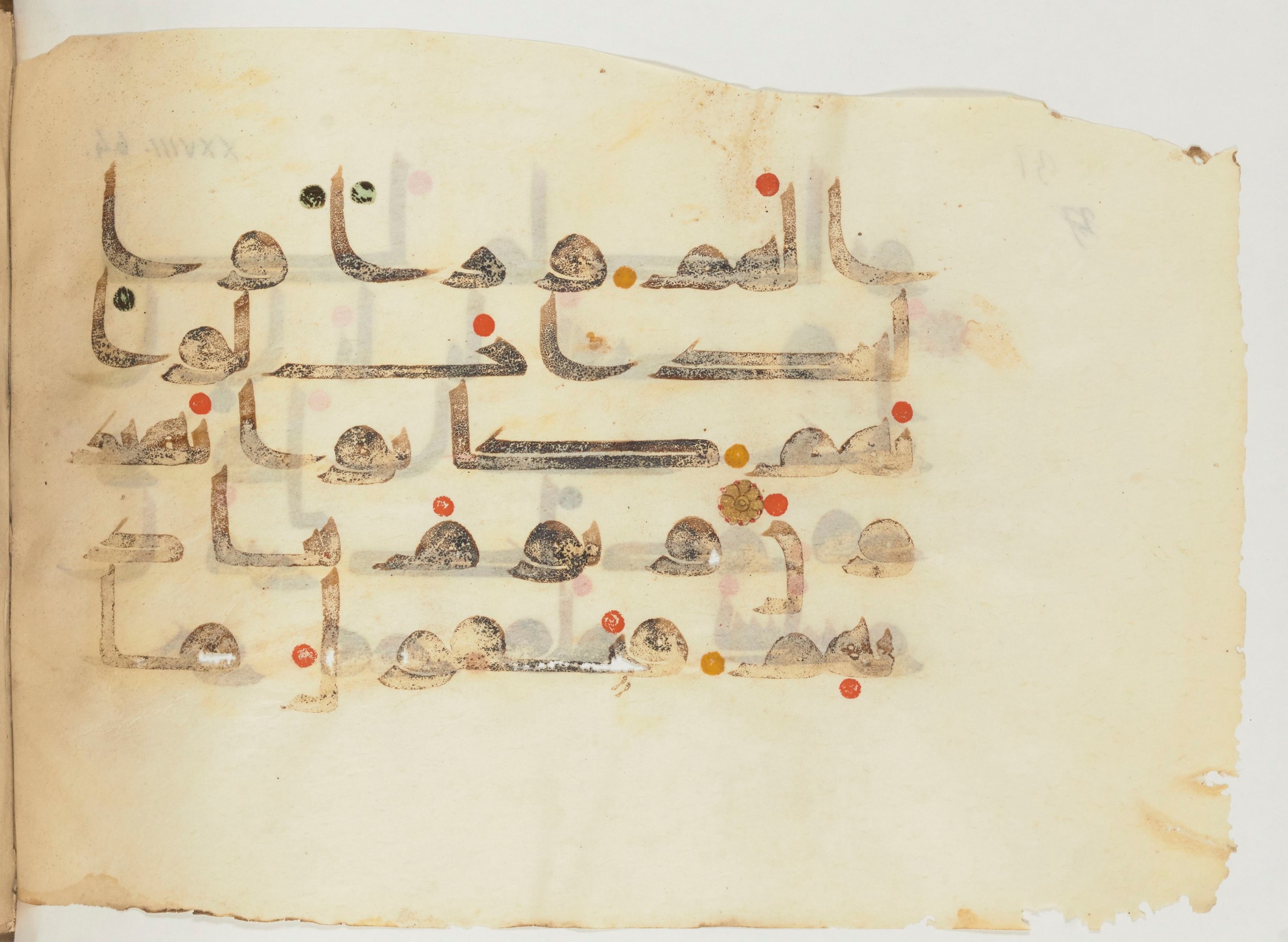 Paris, Bibliothèque nationale de France, Arabe 356 (a) (Scan 1), in kūfī D.III script, showing Surah 28:65 from Mid 8th to Late 10th Century AD found in al-Fusṭāṭ (Fustat), Egypt, currently housed at Bibliothèque nationale de France, Paris