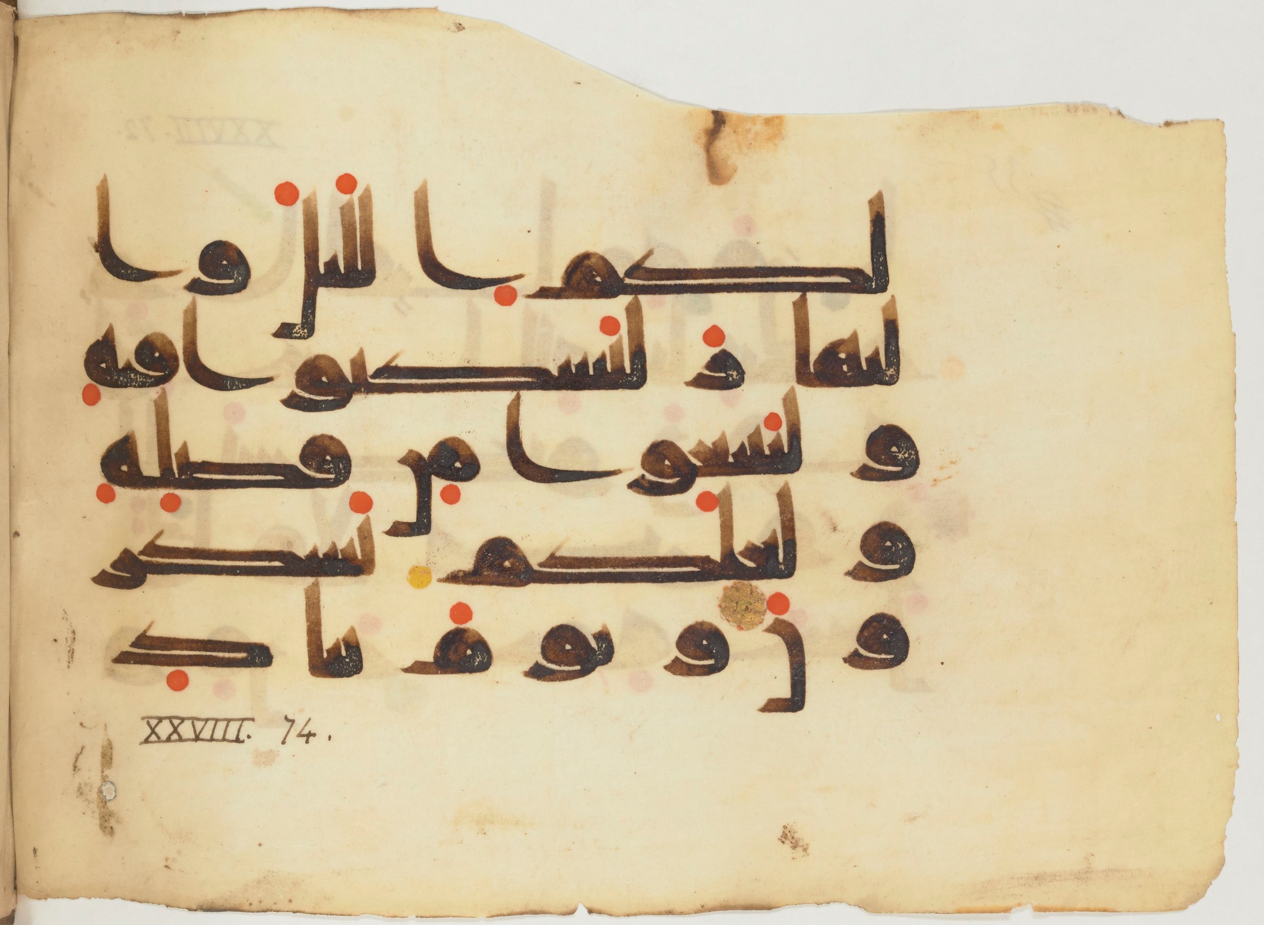 Paris, Bibliothèque nationale de France, Arabe 356 (a) (Scan 2), in kūfī D.III script, showing Surah 28:73 from Mid 8th to Late 10th Century AD found in al-Fusṭāṭ (Fustat), Egypt, currently housed at Bibliothèque nationale de France, Paris