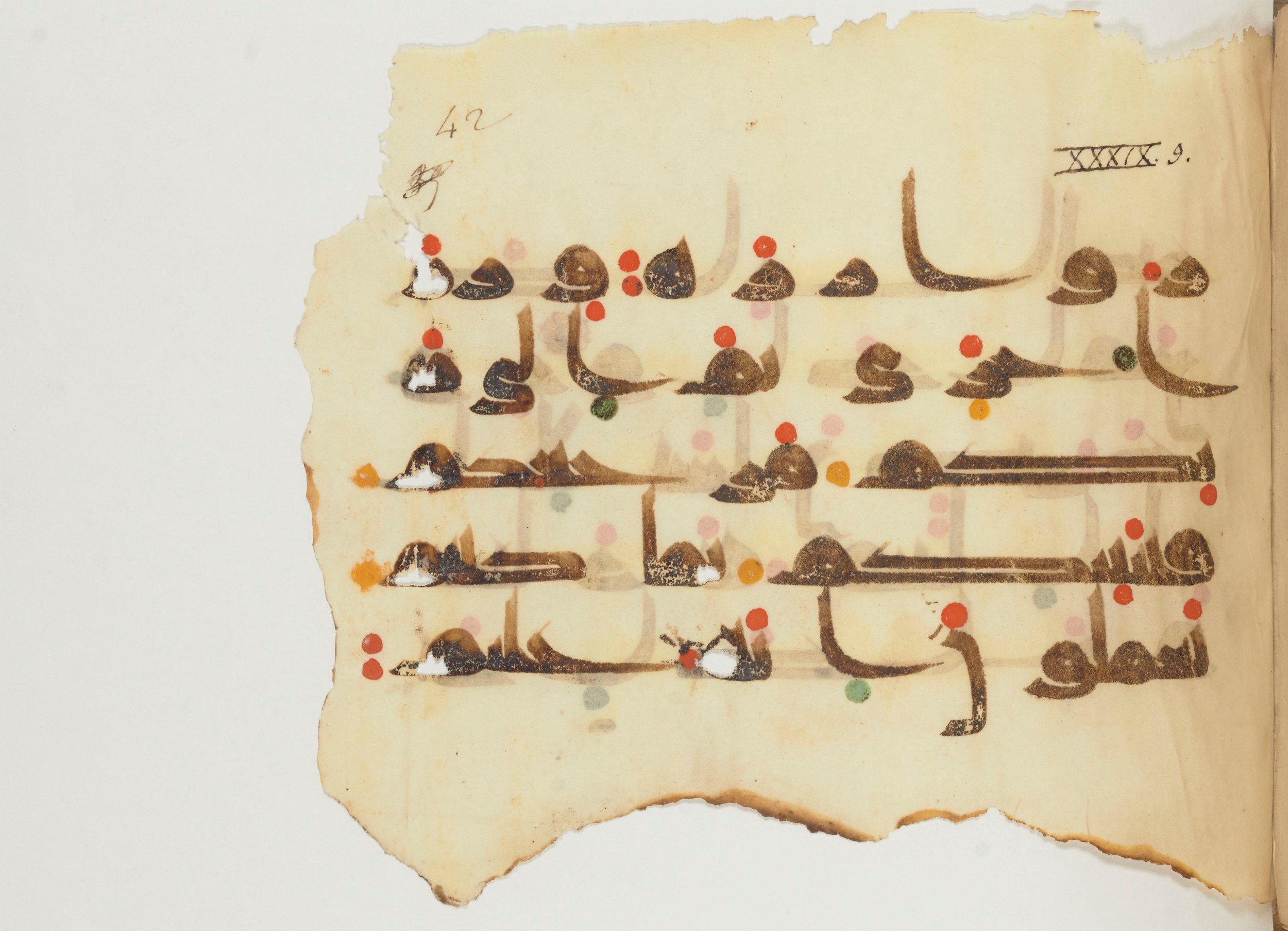 Paris, Bibliothèque nationale de France, Arabe 356 (a) (Scan 1), in kūfī D.III script, showing Surah 39:7 from Mid 8th to Late 10th Century AD found in al-Fusṭāṭ (Fustat), Egypt, currently housed at Bibliothèque nationale de France, Paris