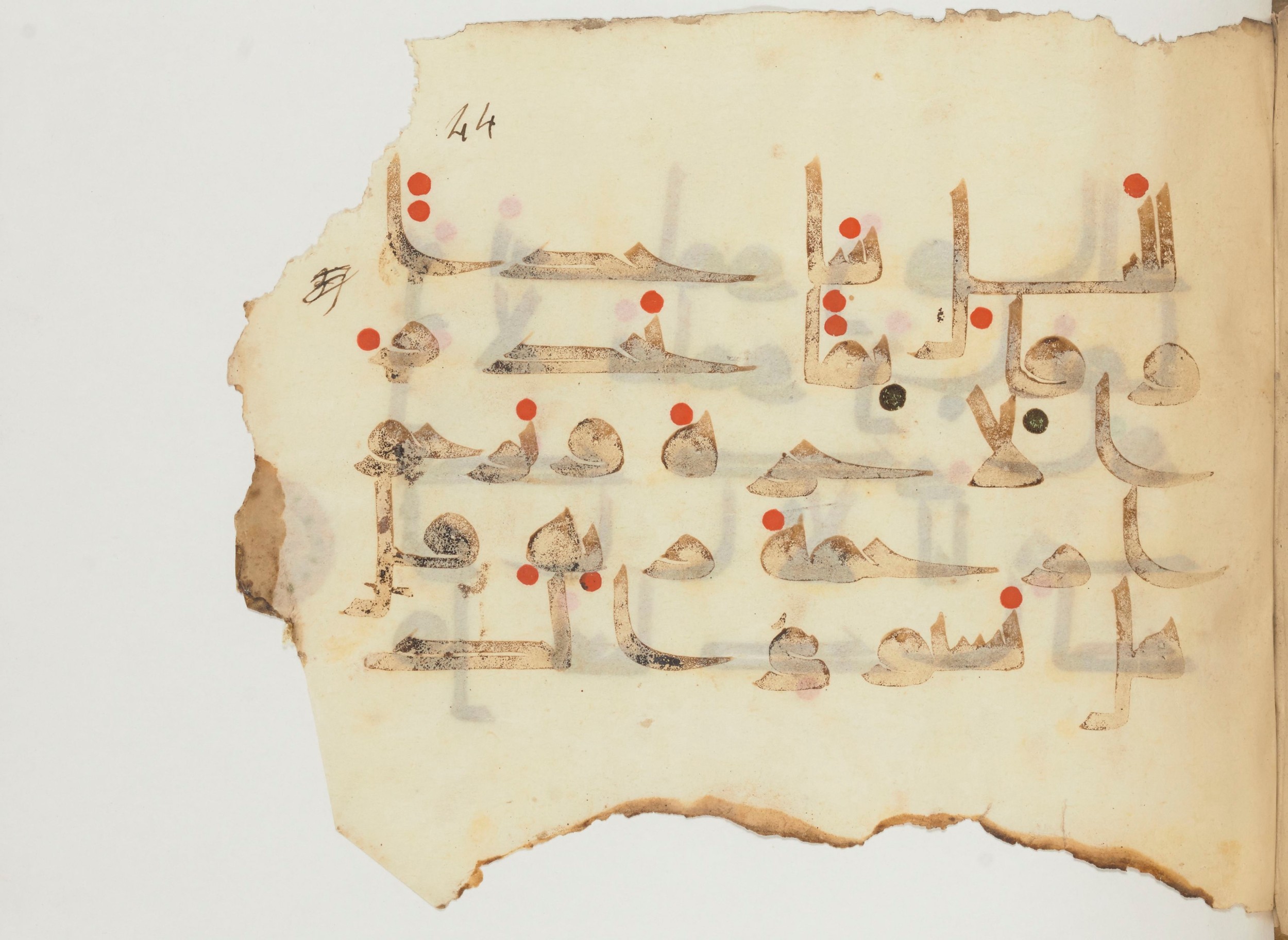 Paris, Bibliothèque nationale de France, Arabe 356 (a) (Scan 2), in kūfī D.III script, showing Surah 39:9 from Mid 8th to Late 10th Century AD found in al-Fusṭāṭ (Fustat), Egypt, currently housed at Bibliothèque nationale de France, Paris