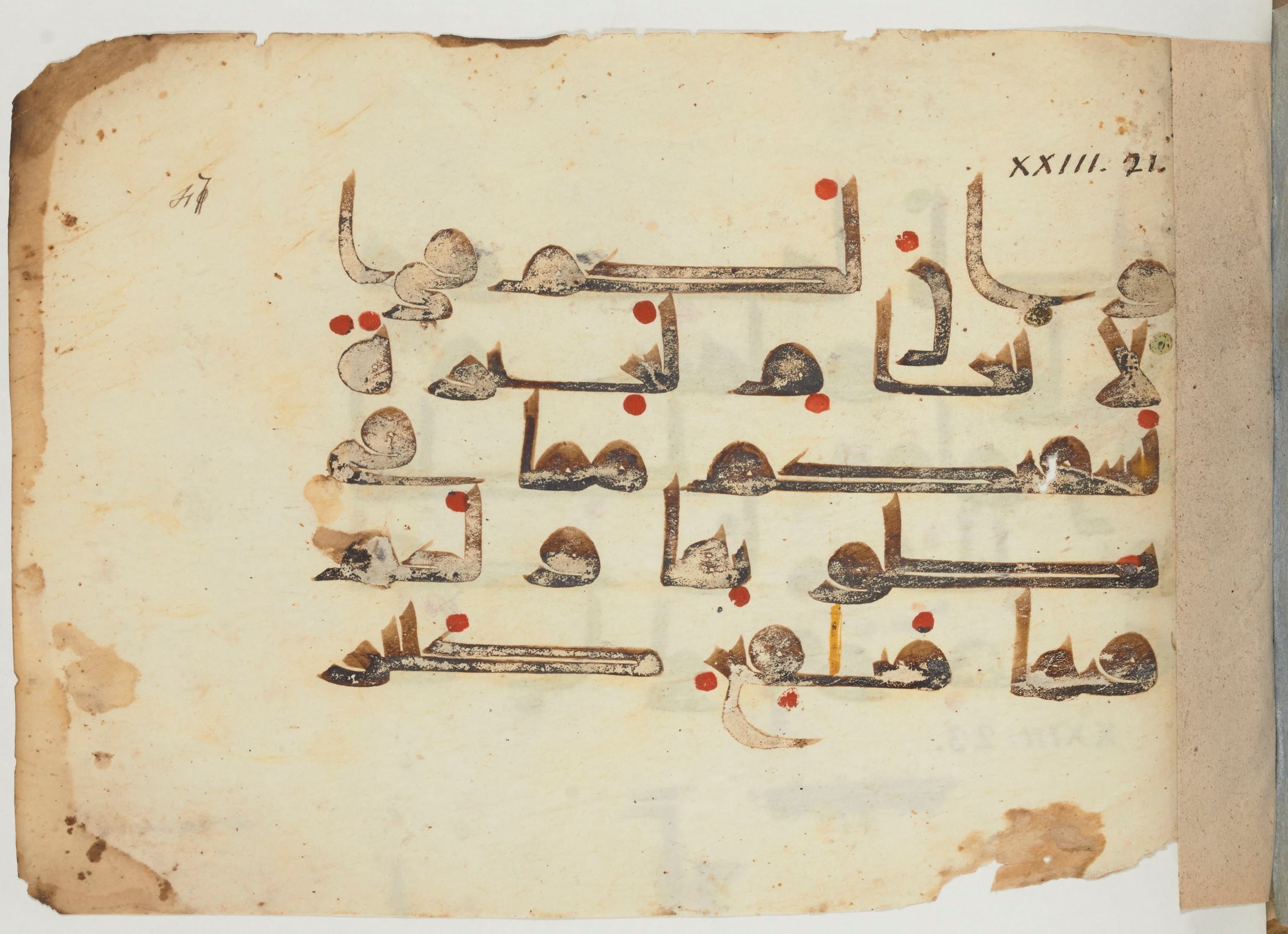 Arabe 356 (b) (Scan 1), in Kufic D.III script, showing Surah 23:21 from Mid 8th to Late 10th Century AD found in al-Fusṭāṭ, Egypt, currently housed at Bibliothèque nationale de France, Paris