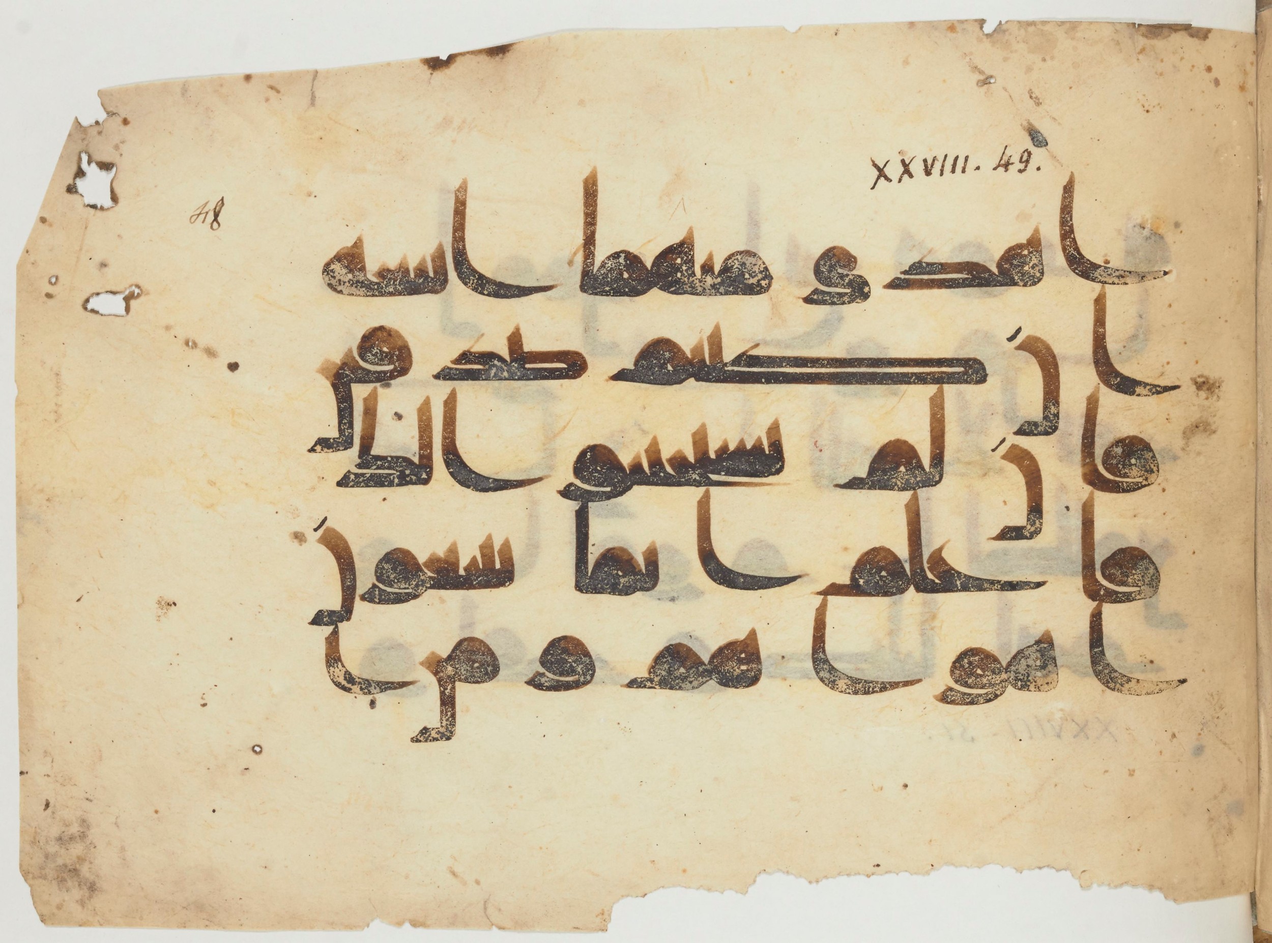 Paris, Bibliothèque nationale de France, Arabe 356 (c), in Kūfī D.III script, showing Surah 28:49 from Mid 8th to Late 10th Century AD found in Fustat (Old Cairo), Egypt, currently housed at Bibliothèque nationale de France, Paris