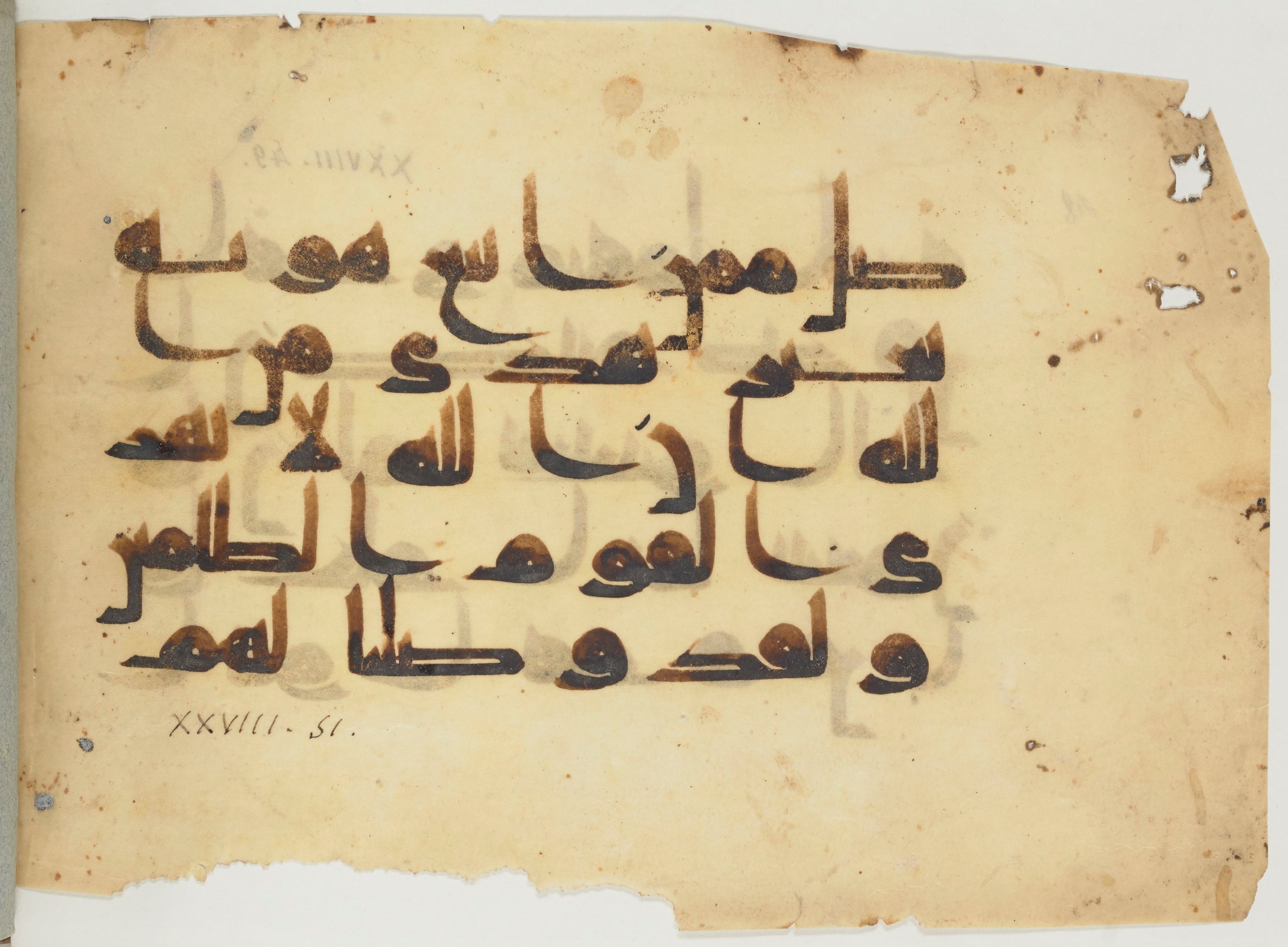 Paris, Bibliothèque nationale de France, Arabe 356 (c), in Kūfī D.III script, showing Surah 28:51 from Mid 8th to Late 10th Century AD found in Fustat (Old Cairo), Egypt, currently housed at Bibliothèque nationale de France, Paris