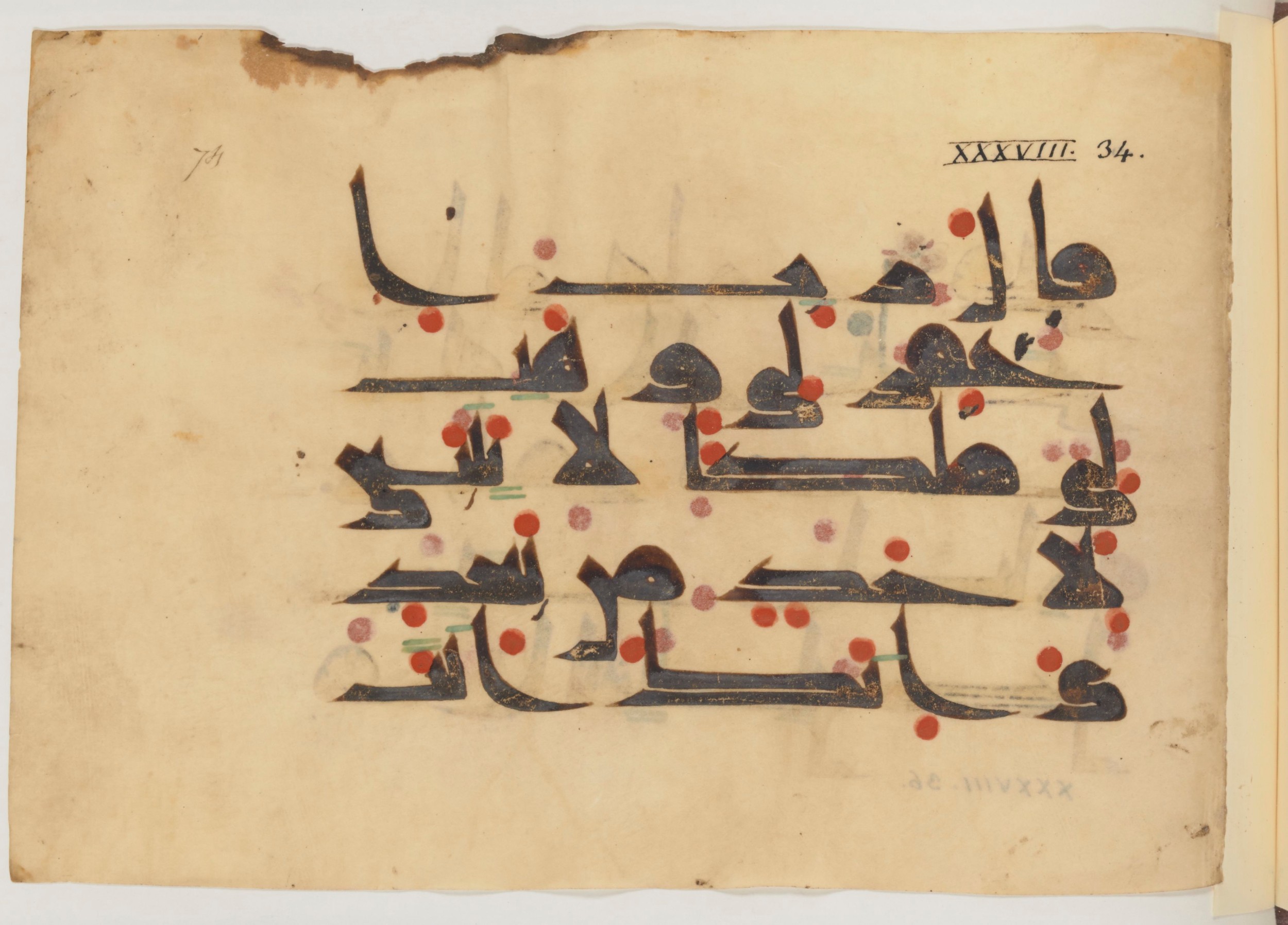 Paris, Bibliothèque nationale de France, Arabe 357 (Scan 1), in Early Kufic D.III script, showing Surah 38:35 from Mid 8th to Late 10th Century AD found in Fustat (Old Cairo), Egypt, currently housed at Bibliothèque nationale de France, Paris