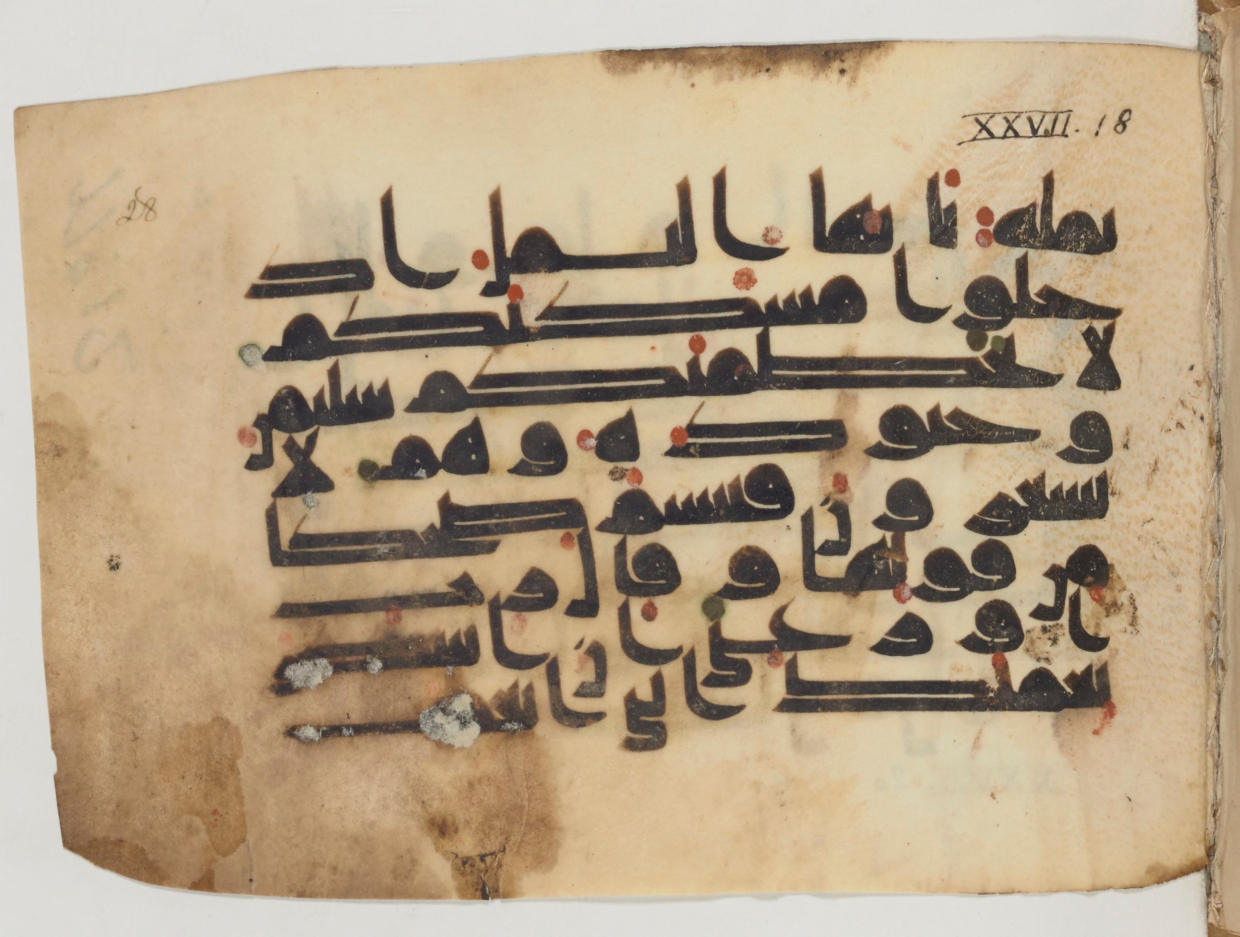 Paris, Bibliothèque nationale de France, Arabe 358 (c) (Scan 1), in Kufic D.I script, showing Surah 27:19 from Mid 8th to Late 10th Century AD found in Fustat (Old Cairo), Egypt, currently housed at Bibliothèque nationale de France, Paris