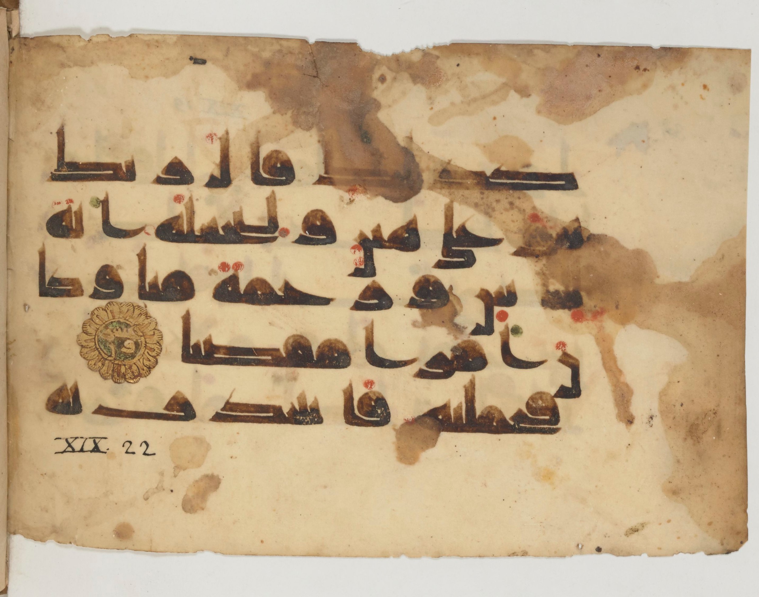 Paris, Bibliothèque nationale de France, Arabe 358 (f) (Scan 2), in Kufic D.I script, showing Surah 19:21 from Mid 8th to Late 10th Century AD found in Fustat (Old Cairo), Egypt, currently housed at Bibliothèque nationale de France, Paris