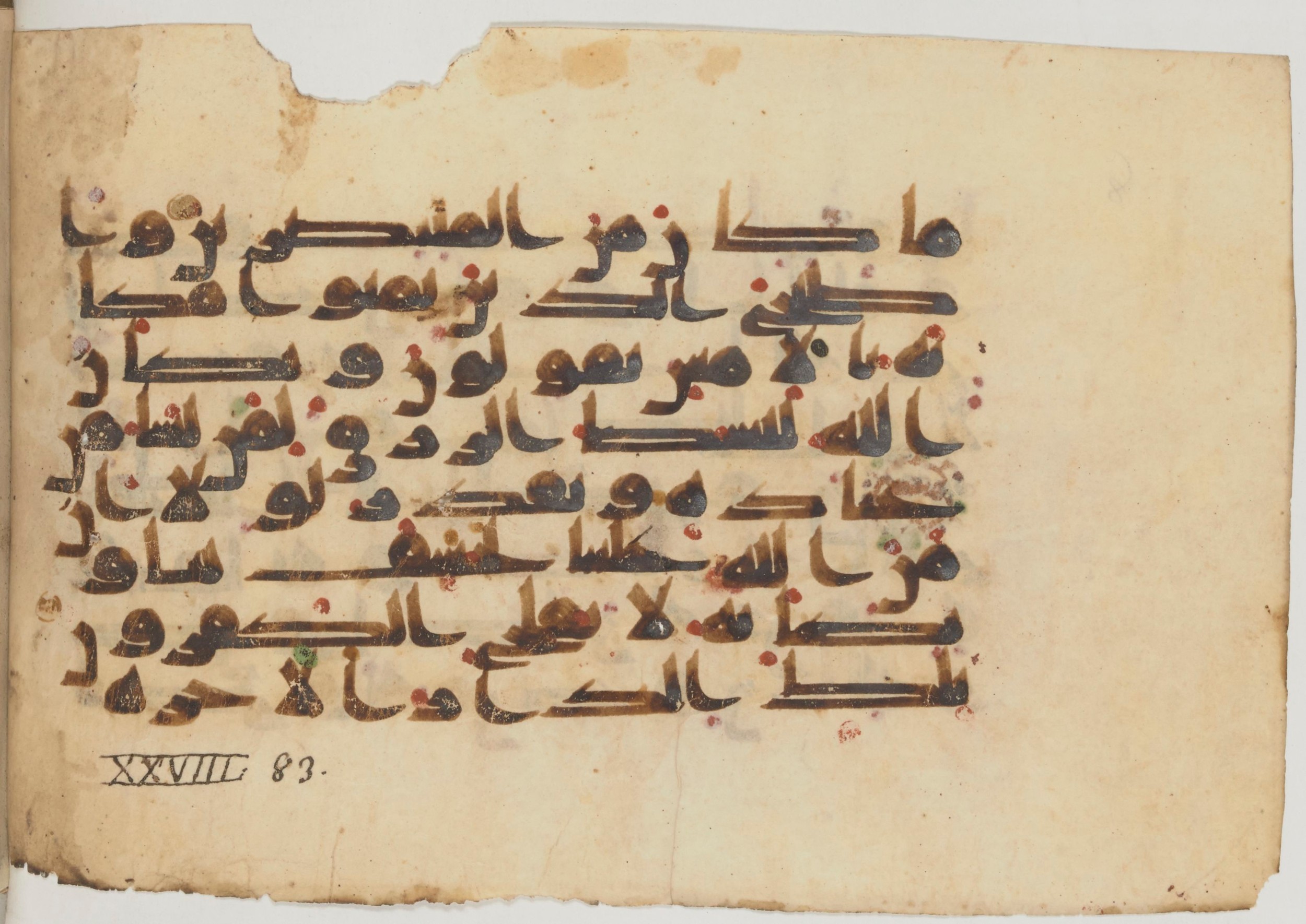 Paris, Bibliothèque nationale de France, Arabe 359 (a) (Scan 1), in Kufic Group D script, showing Surah 28:83 from Mid 8th to Late 10th Century AD found in Fustat (Old Cairo), Egypt, currently housed at Bibliothèque nationale de France, Paris