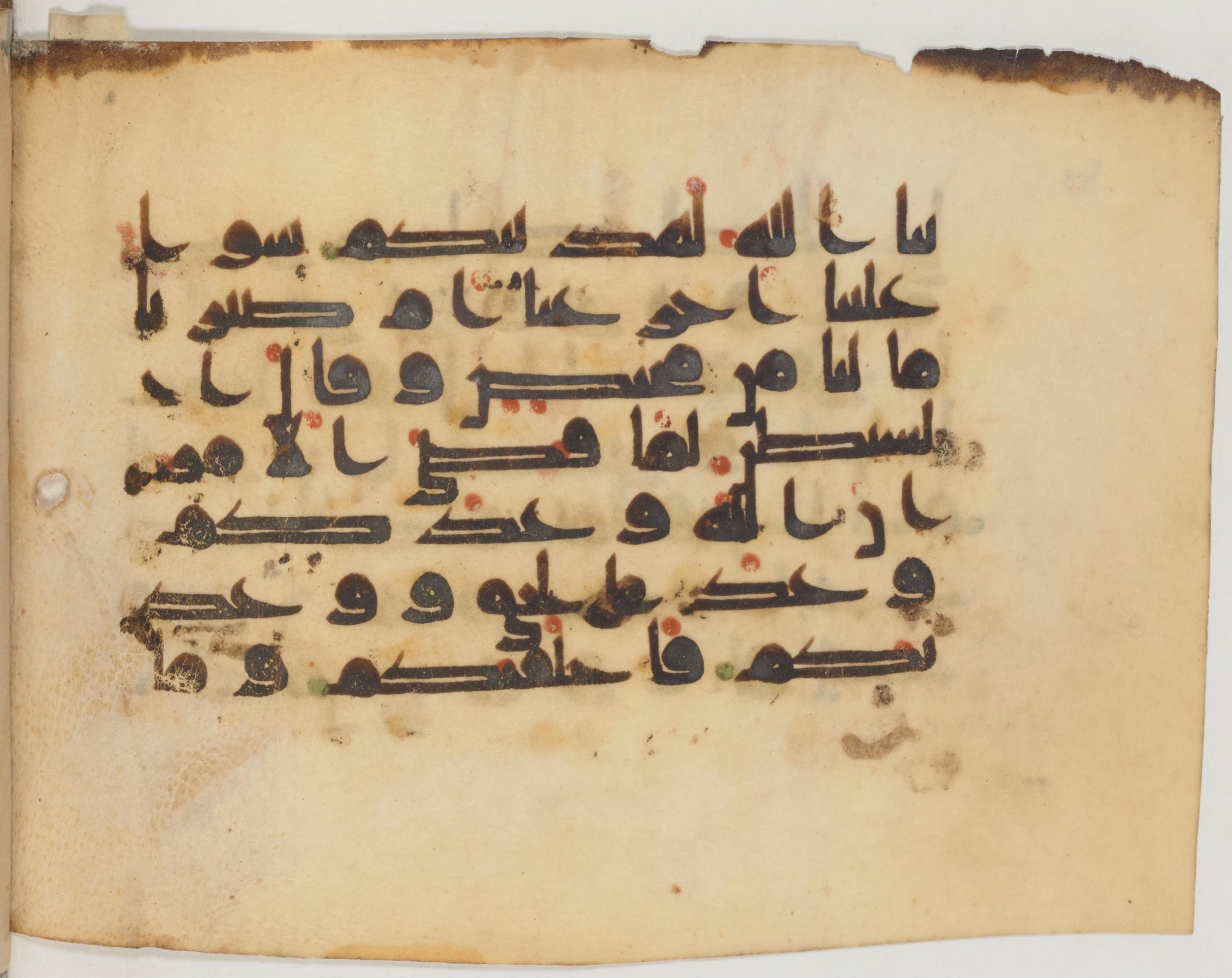 Arabe 359 (c) (Scan 2), in Kufic Group D script, showing Surah 14:21 from Mid-8th to 10th Century AD found in al-Fusṭāṭ (Fustat), Egypt, currently housed at Bibliothèque nationale de France, Paris