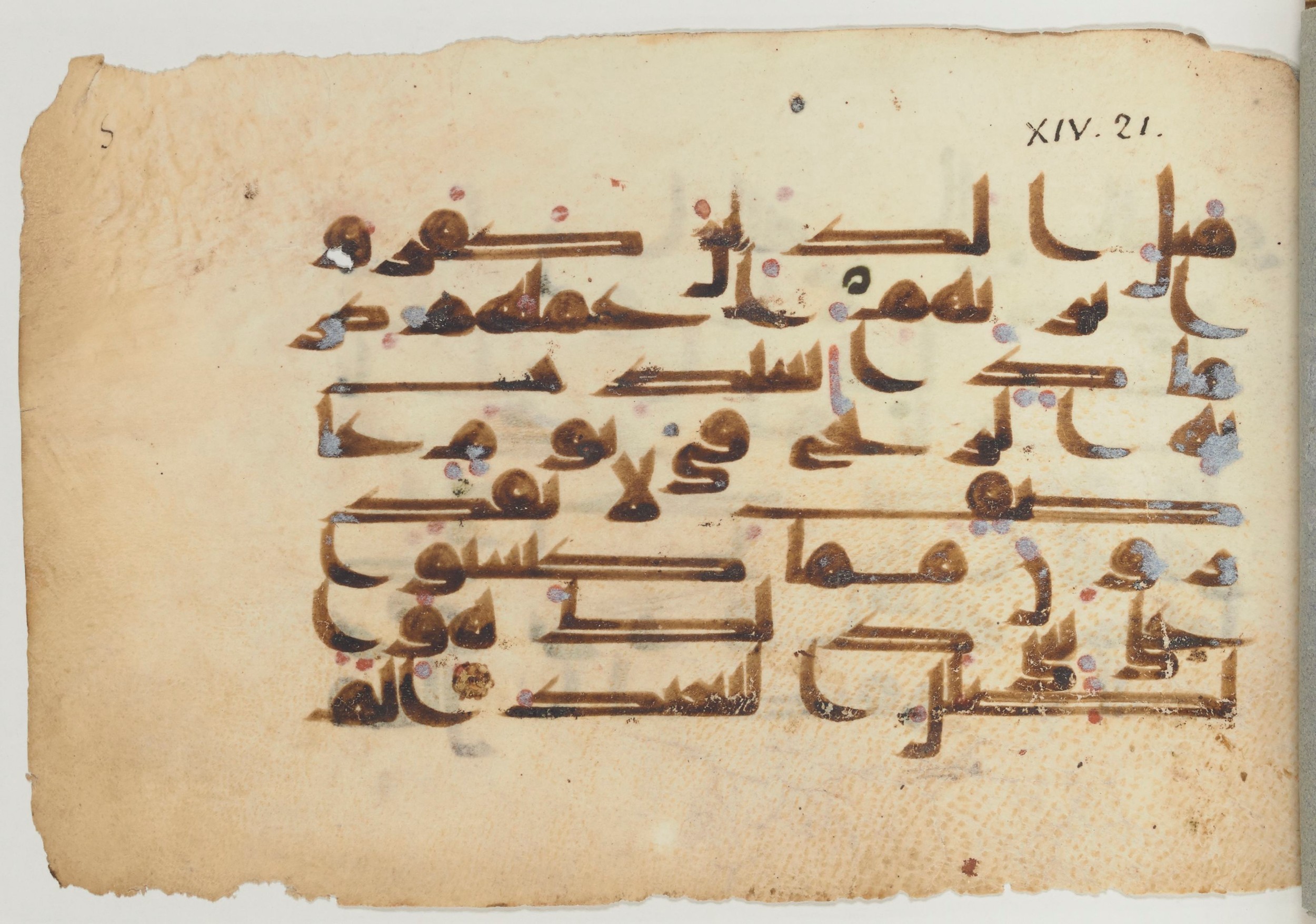 Paris, Bibliothèque nationale de France, Arabe 361 (c) (Scan 1), in kūfī D.I / D.III script, showing Surah 14:19 from Mid 8th to Late 10th Century AD found in al-Fusṭāṭ (Fustat, Old Cairo), Egypt, currently housed at Bibliothèque nationale de France, Paris