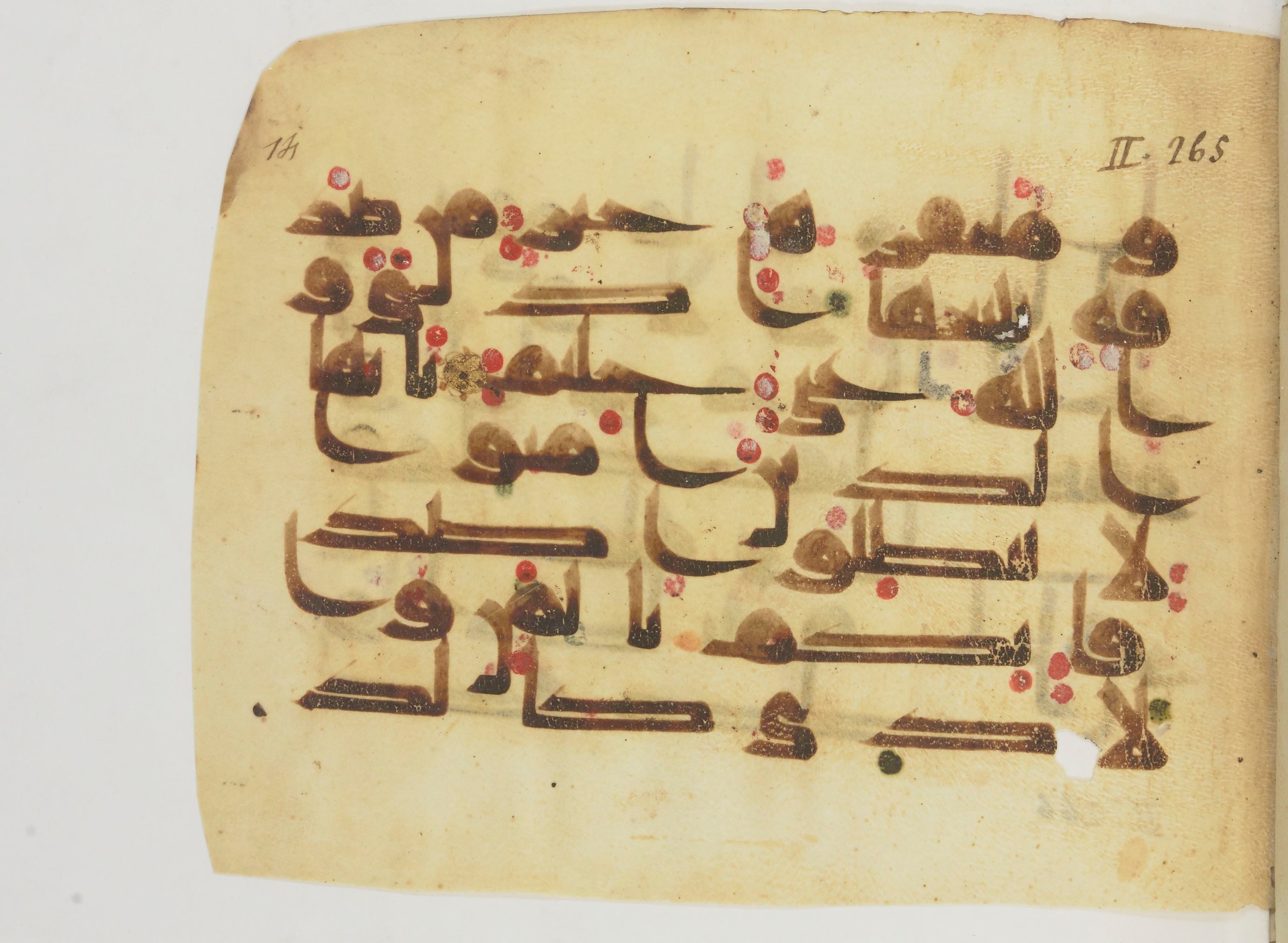 Bibliothèque nationale de France, Arabe 362 (a) (Scan 1), in Early Kufic (Déroche D III) script, showing Surah 2:264 from Mid 8th to Late 10th Century AD found in Unknown, currently housed at Bibliothèque nationale de France, Paris