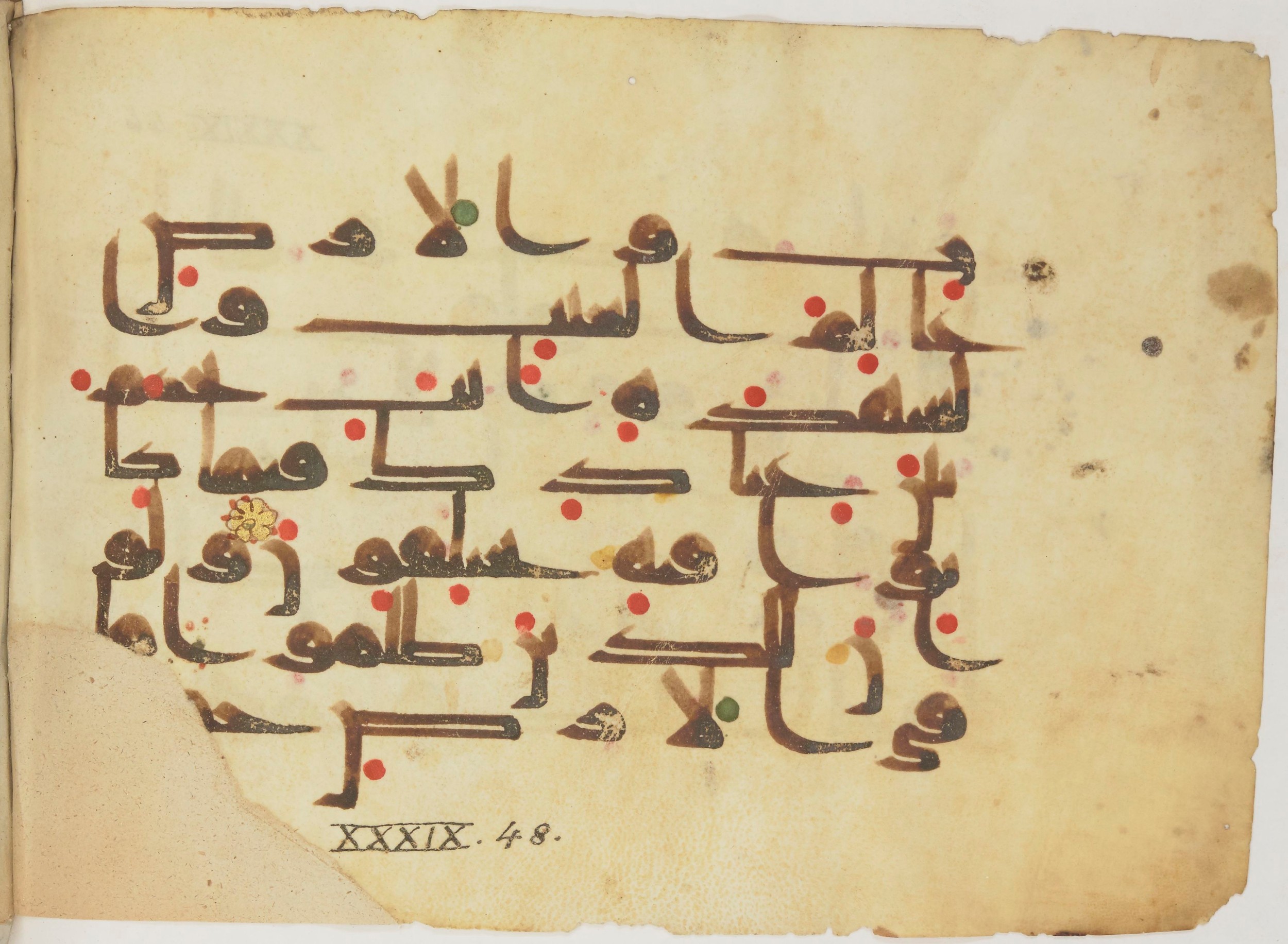 Bibliothèque nationale de France, Arabe 362 (a) (Scan 2), in Early Kufic (Déroche D III) script, showing Surah 39:46 from Mid 8th to Late 10th Century AD found in Unknown, currently housed at Bibliothèque nationale de France, Paris