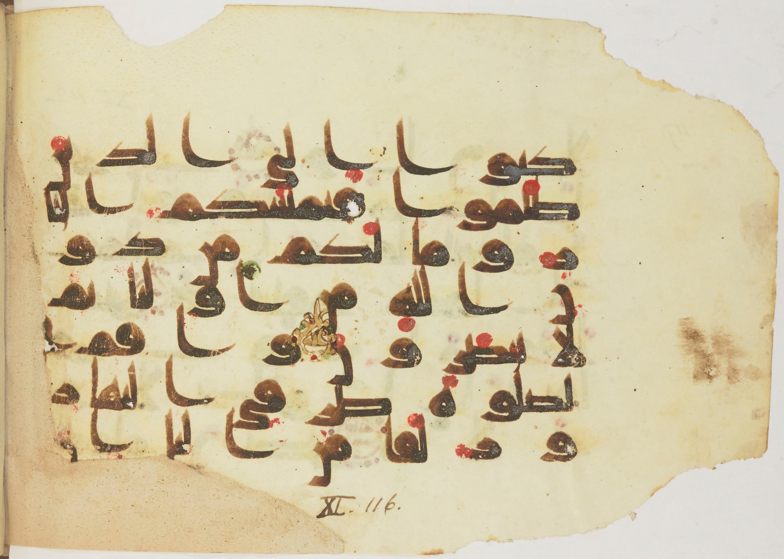 Paris, Bibliothèque nationale de France, Arabe 362 (b) (Scan 2), in Early Kufic (Kūfī D.III) script, showing Surah 11:113 from Mid 8th to Late 9th Century AD found in Fustat (Old Cairo), Egypt, currently housed at Bibliothèque nationale de France, Paris