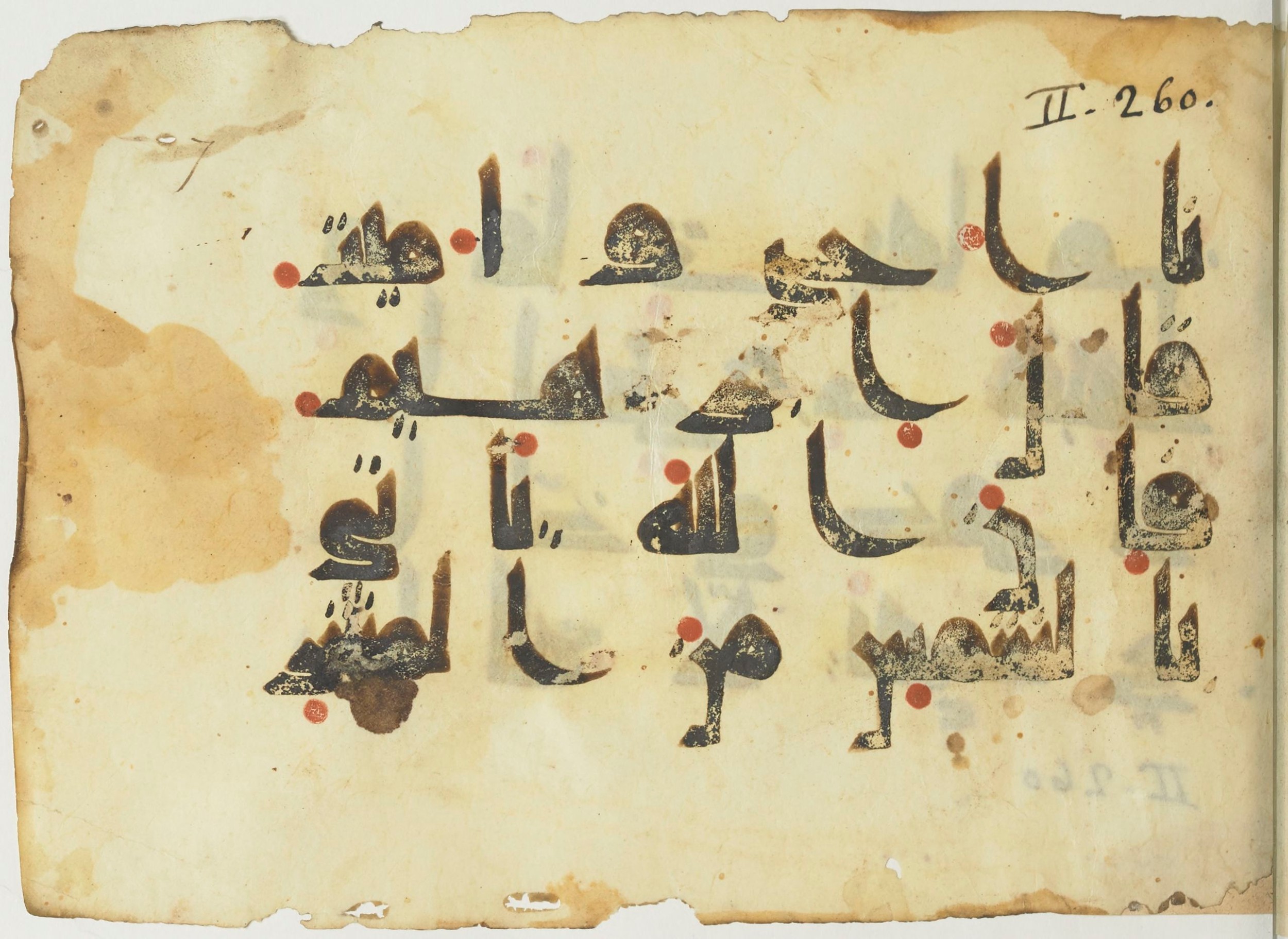 Paris, Bibliothèque nationale de France, Arabe 365 (a) (Scan 3), in Kūfī D.I / D.III script, showing Surah 2:258 from Mid 8th to Late 9th Century AD found in Fustat (Old Cairo), Egypt, currently housed at Bibliothèque nationale de France, Paris