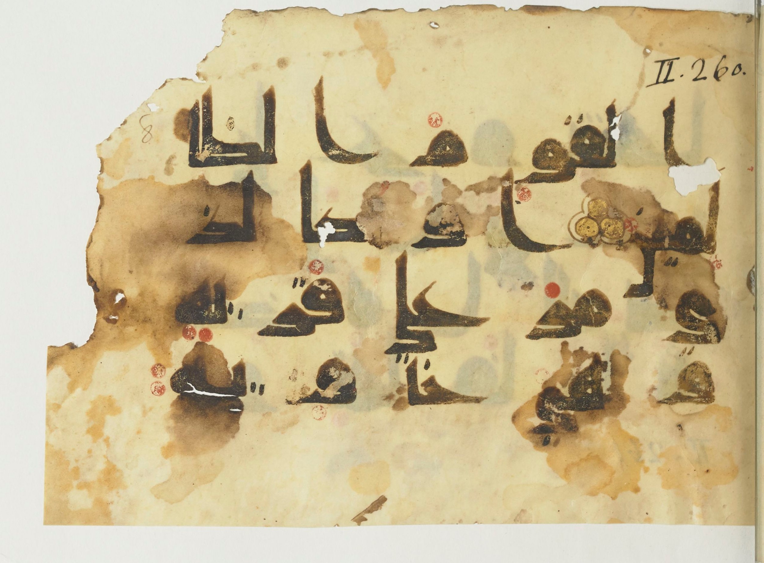 Paris, Bibliothèque nationale de France, Arabe 365 (a) (Scan 1), in Kūfī D.I / D.III script, showing Surah 2:259 from Mid 8th to Late 9th Century AD found in Fustat (Old Cairo), Egypt, currently housed at Bibliothèque nationale de France, Paris