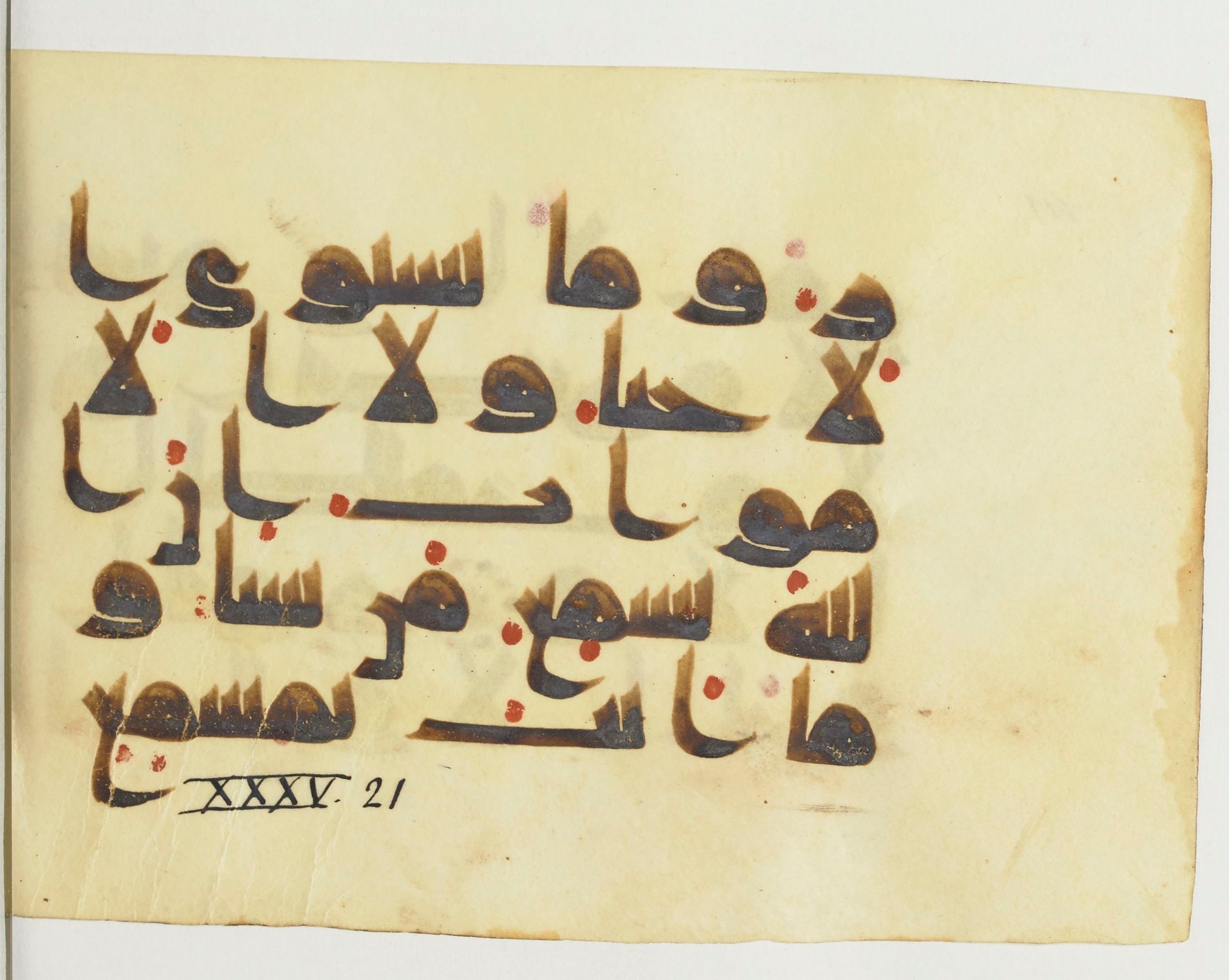 Paris, Bibliothèque nationale de France, Arabe 365 (b) (Scan 2), in Kufic D.I script, showing Surah 35:21 from Mid-8th to Late 9th Century AD found in Fustat (Old Cairo), Egypt, currently housed at Bibliothèque nationale de France, Paris