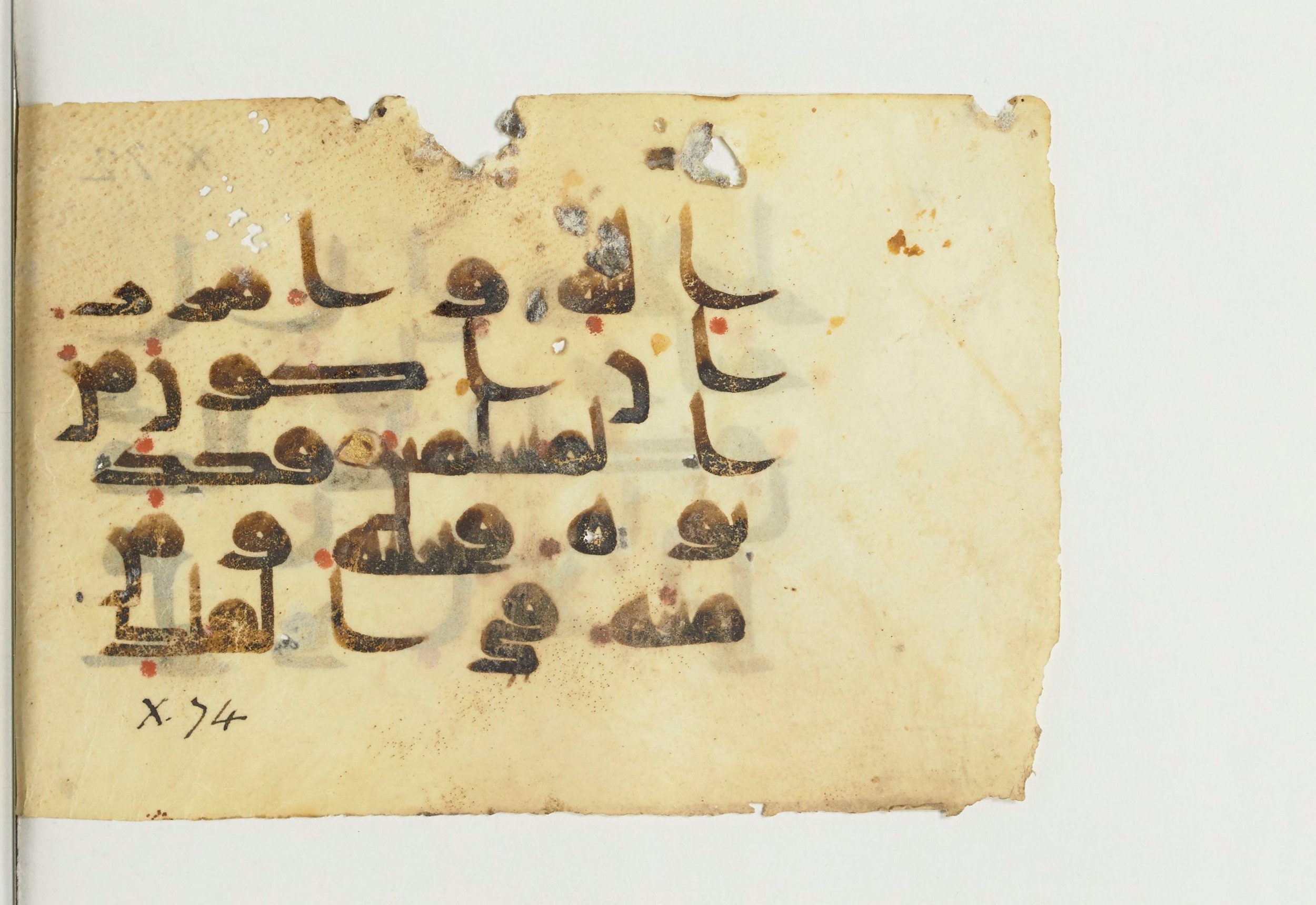 Paris, Bibliothèque nationale de France, Arabe 366 (c) (Scan 2), in Kufic D.V.a script, showing Surah 10:72 from Mid 8th to Late 10th Century AD found in Fustat (Old Cairo), Egypt, currently housed at Bibliothèque nationale de France, Paris