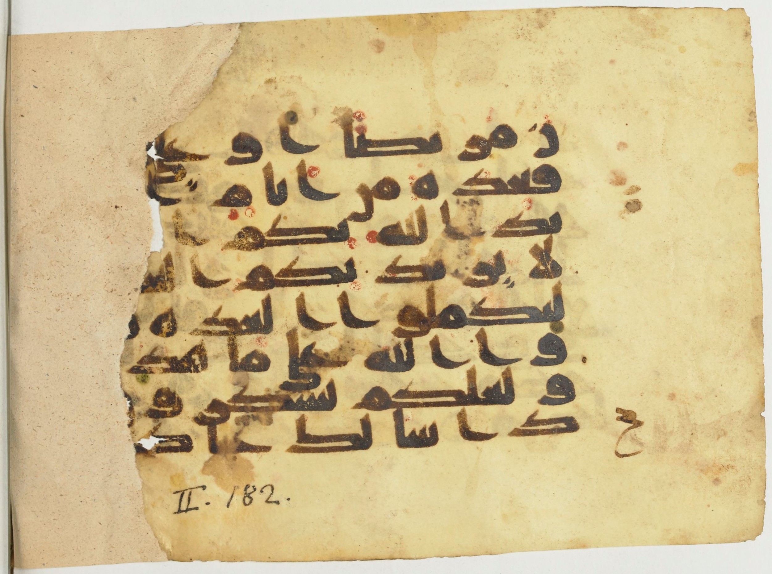 BnF Arabe 366 (d) (Scan 2), in Kufic (Group D) script, showing Surah 2:185 from Mid 8th to Late 10th Century AD found in Fustat (Old Cairo), Egypt, currently housed at Bibliothèque nationale de France, Paris