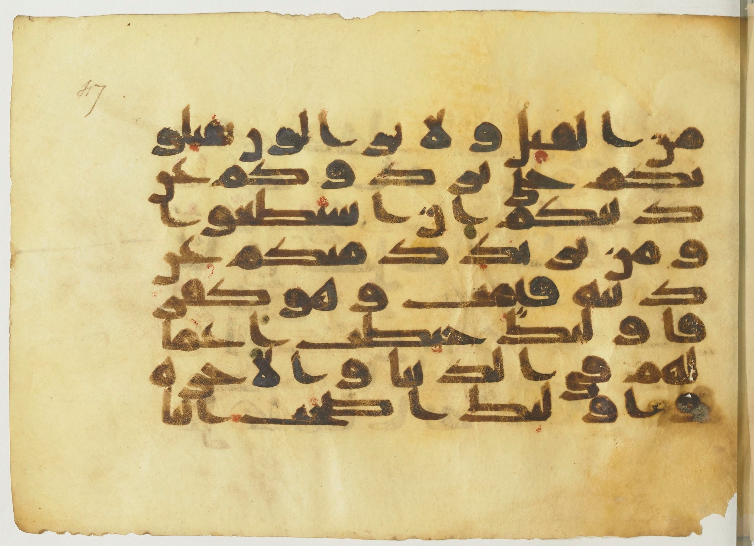 BnF Arabe 366 (d) (Scan 2), in Kufic (Group D) script, showing Surah 2:217 from Mid 8th to Late 10th Century AD found in Fustat (Old Cairo), Egypt, currently housed at Bibliothèque nationale de France, Paris