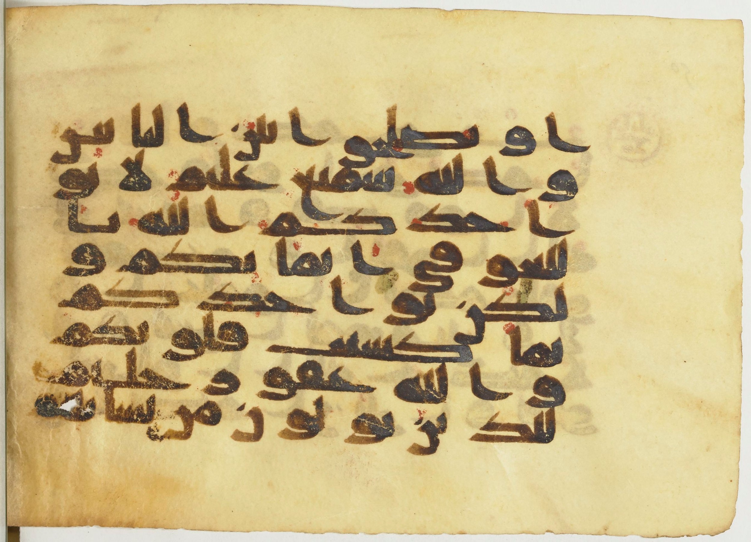 BnF Arabe 366 (d) (Scan 2), in Kufic (Group D) script, showing Surah 2:224 from Mid 8th to Late 10th Century AD found in Fustat (Old Cairo), Egypt, currently housed at Bibliothèque nationale de France, Paris