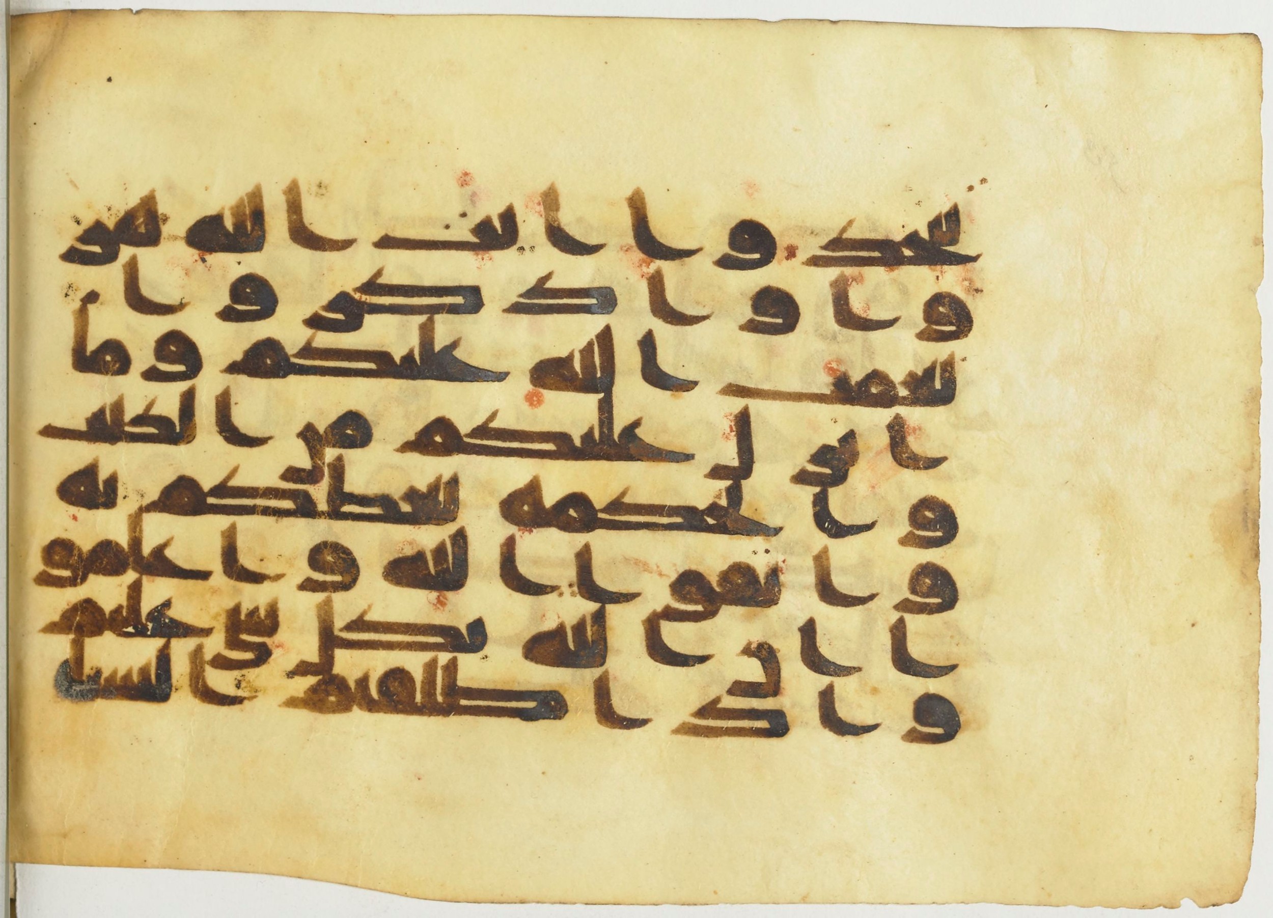 BnF Arabe 366 (d) (Scan 1), in Kufic (Group D) script, showing Surah 2:232 from Mid 8th to Late 10th Century AD found in Fustat (Old Cairo), Egypt, currently housed at Bibliothèque nationale de France, Paris