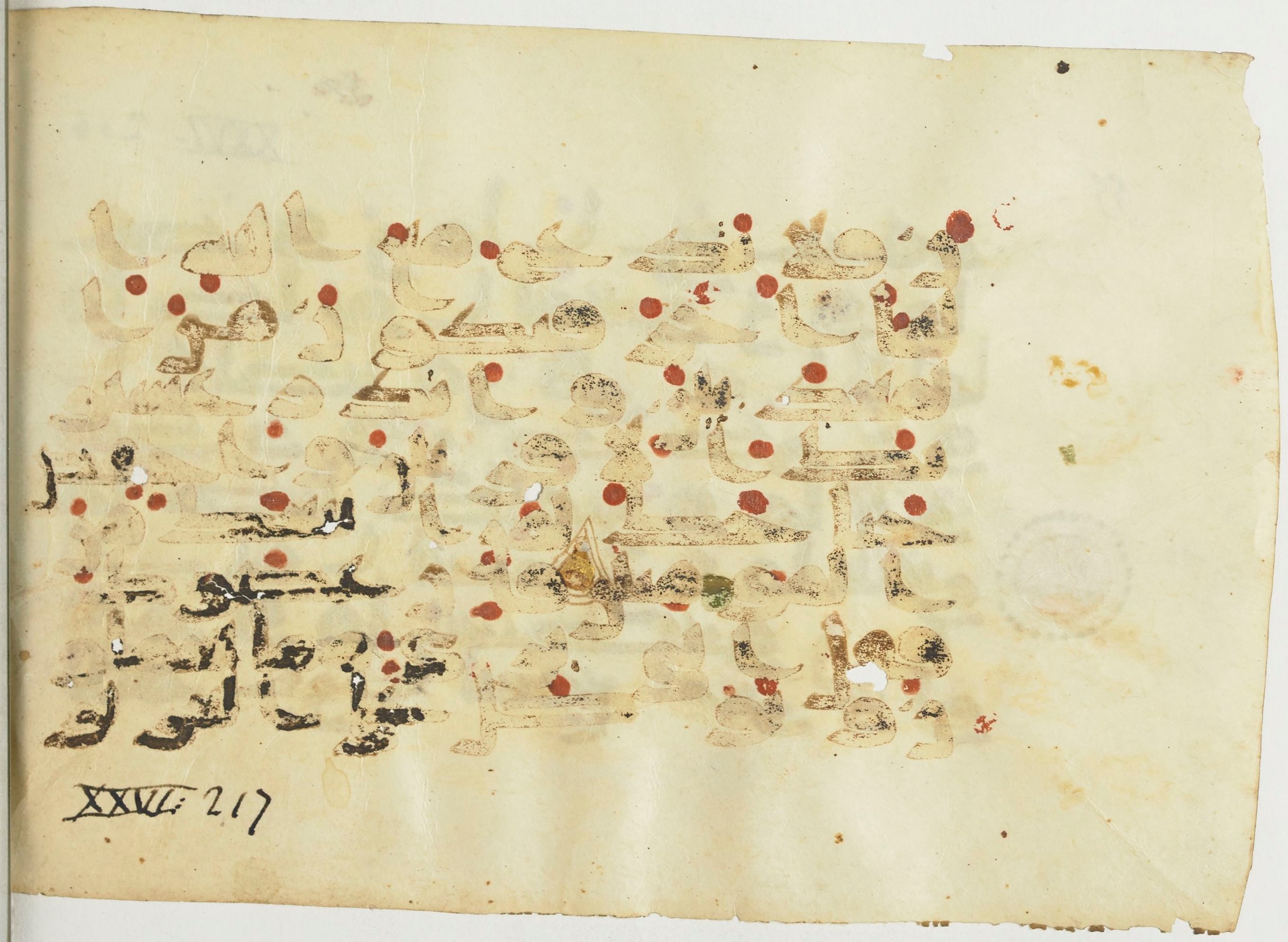 BnF Arabe 366 (d) (Scan 1), in Kufic (Group D) script, showing Surah 26:217 from Mid 8th to Late 10th Century AD found in Fustat (Old Cairo), Egypt, currently housed at Bibliothèque nationale de France, Paris