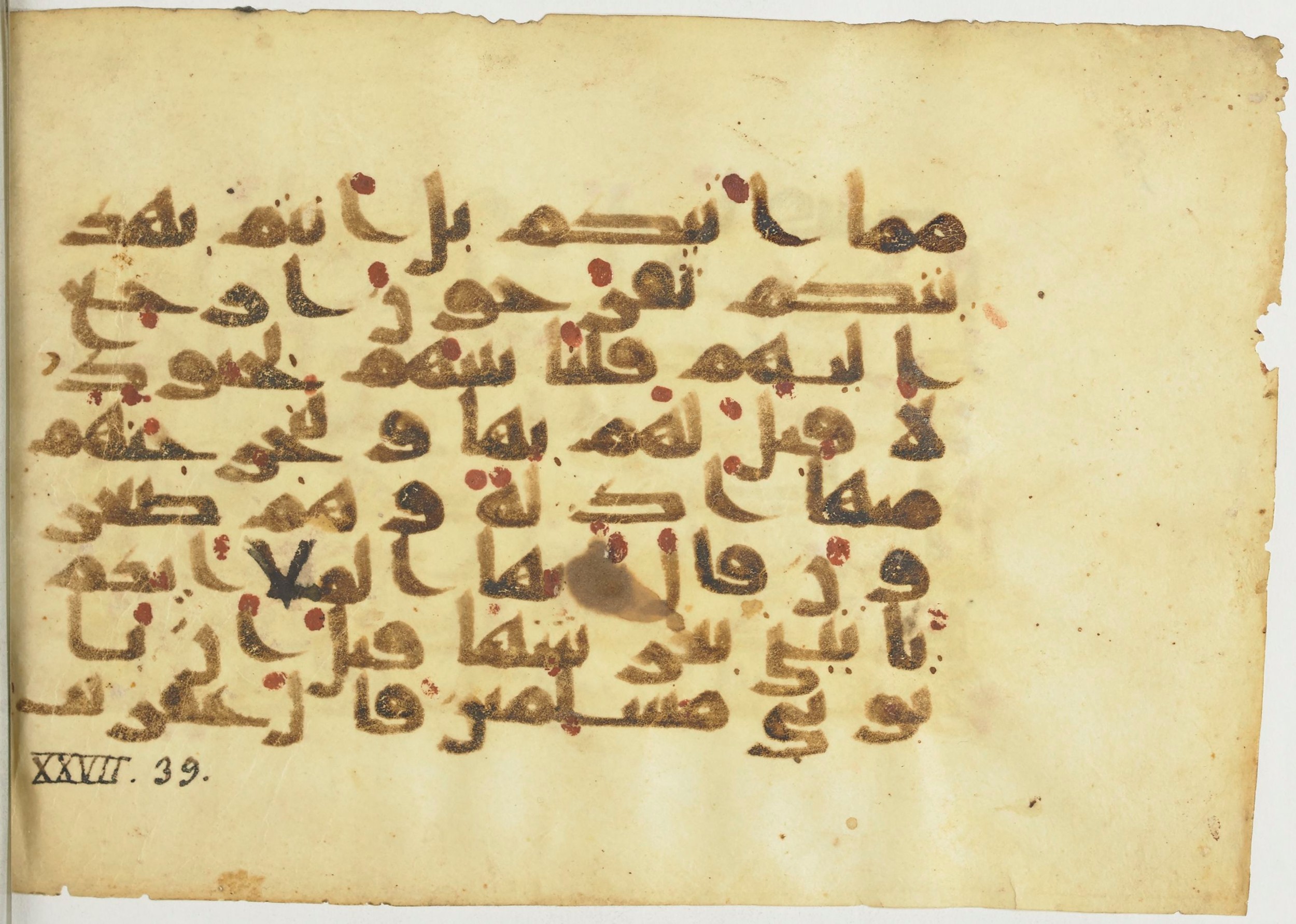 BnF Arabe 366 (d), in Kufic (Group D) script, showing Surah 27:39 from Mid 8th to Late 10th Century AD found in Fustat (Old Cairo), Egypt, currently housed at Bibliothèque nationale de France, Paris
