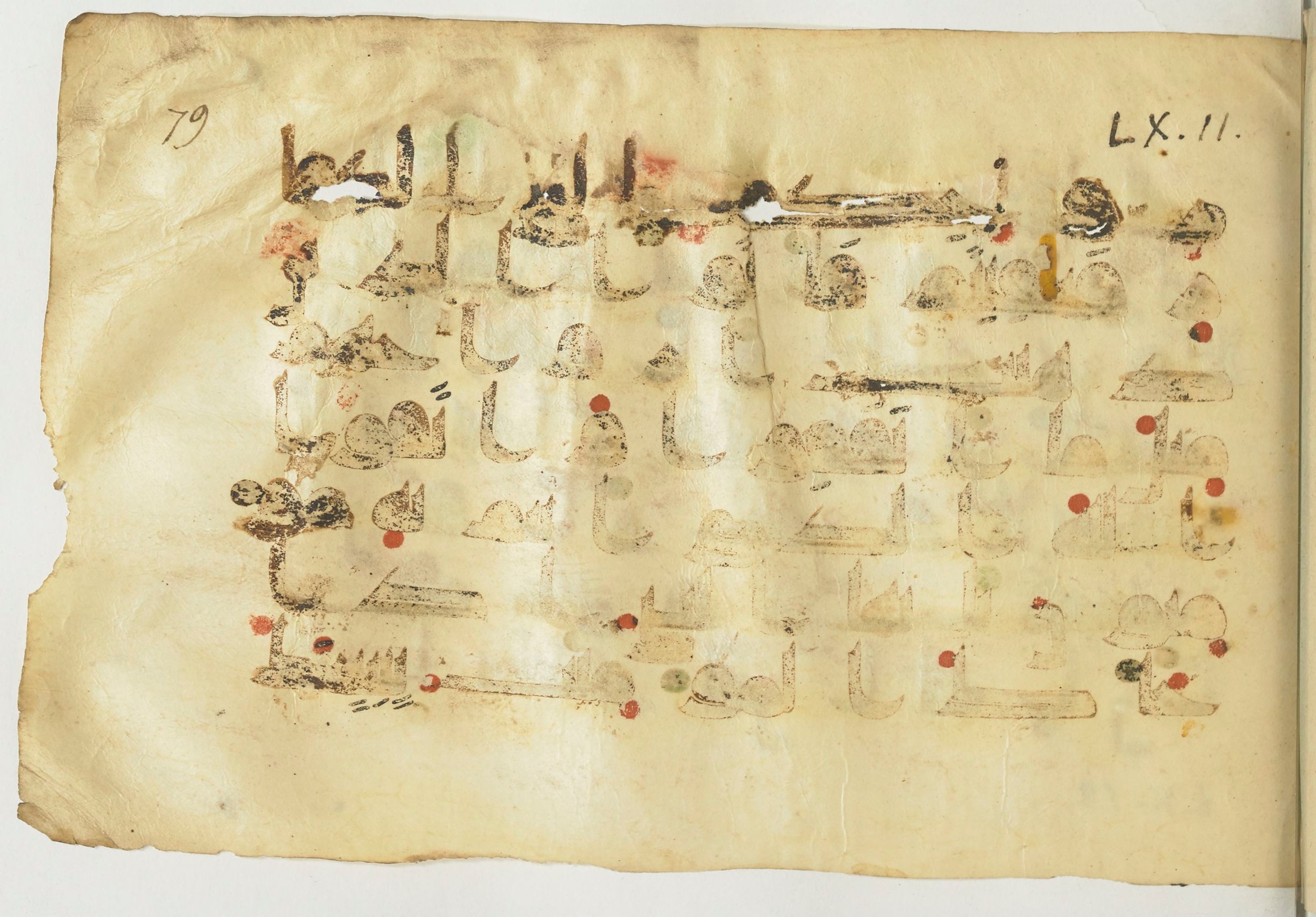 Paris, Bibliothèque nationale de France, Arabe 366 (f) (Scan 1), in Kūfī D.I script, showing Surah 60:12 from Mid-8th to Late 10th Century AD found in al-Fusṭāṭ (Old Cairo), Egypt, currently housed at Bibliothèque nationale de France, Paris