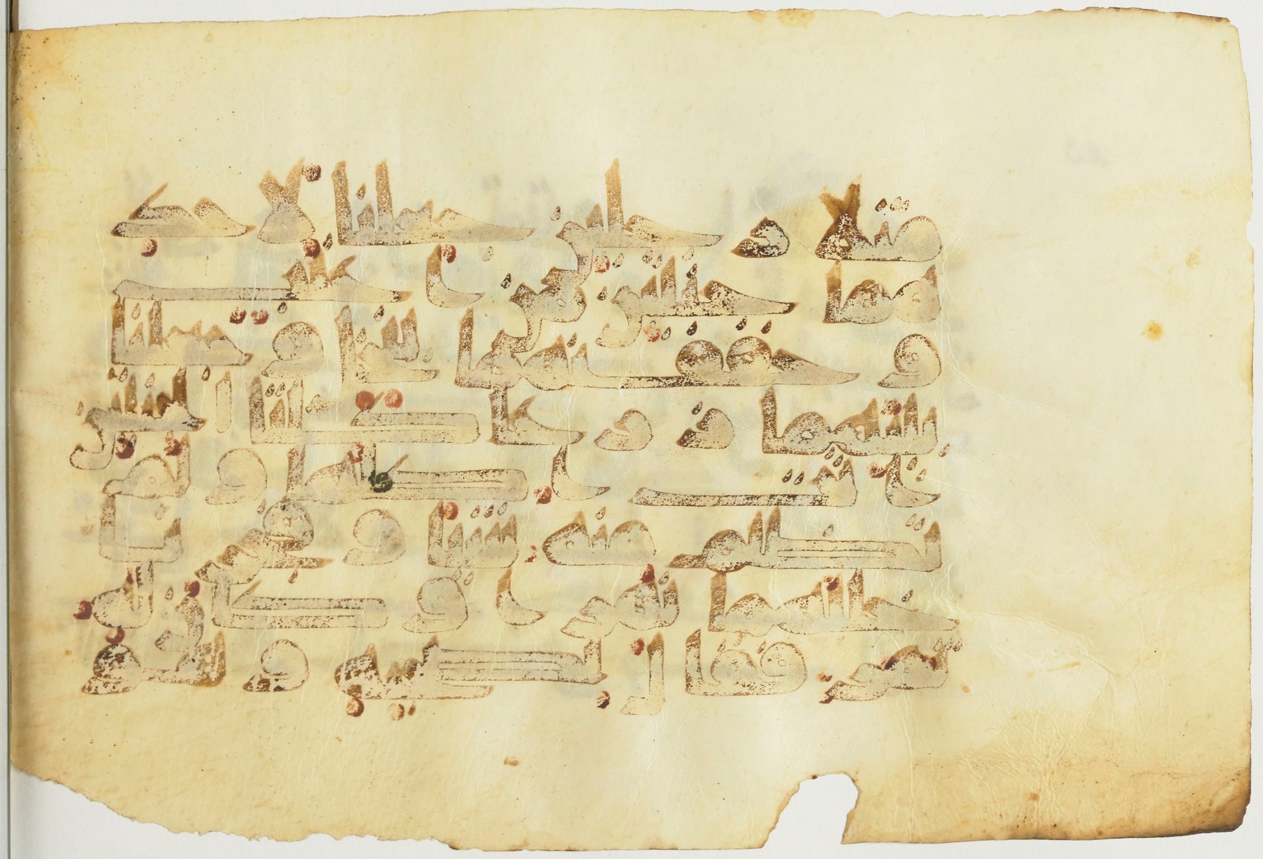 Paris, Bibliothèque nationale de France, Arabe 367 (d) (Scan 2), in Kufic D script, showing Surah 18:32 from Mid-8th to 10th Century AD found in Fustat (Old Cairo), Egypt, currently housed at Bibliothèque nationale de France, Paris