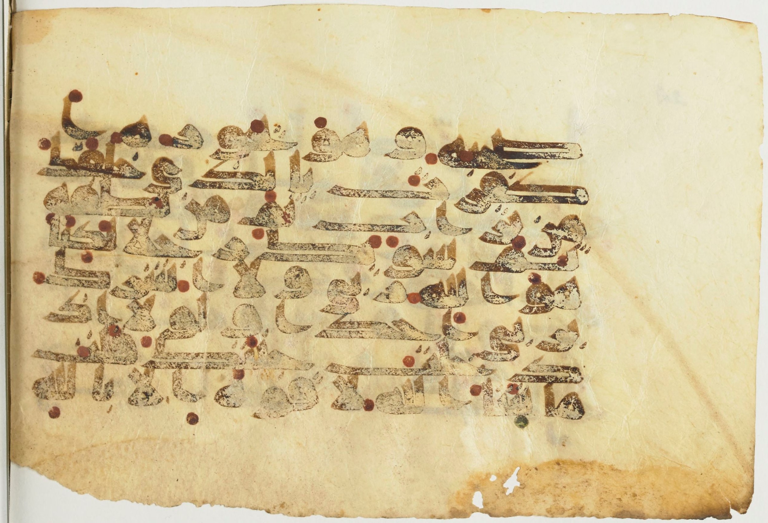 Paris, Bibliothèque nationale de France, Arabe 367 (d) (Scan 1), in Kufic D script, showing Surah 18:39 from Mid-8th to 10th Century AD found in Fustat (Old Cairo), Egypt, currently housed at Bibliothèque nationale de France, Paris