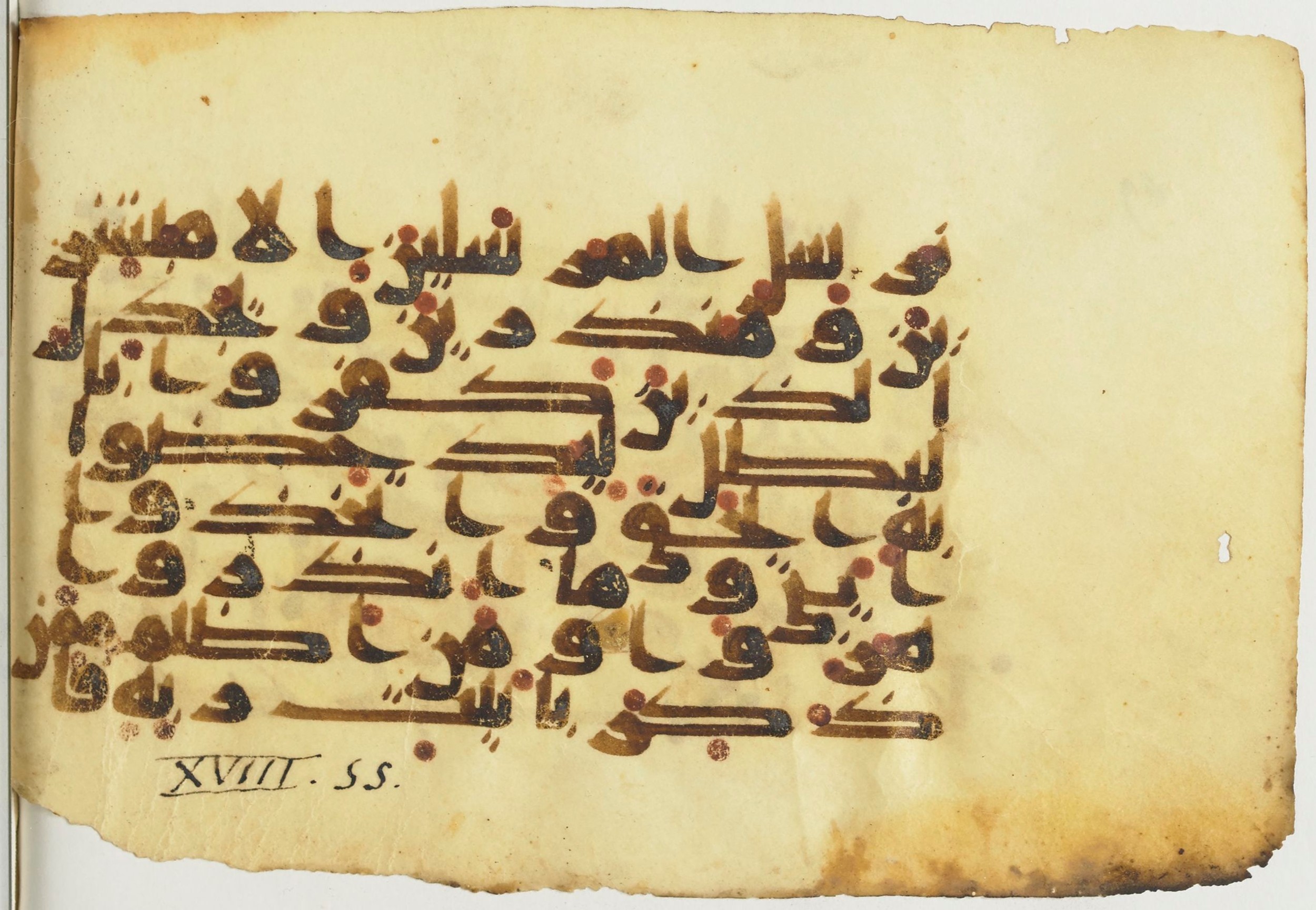 Paris, Bibliothèque nationale de France, Arabe 367 (d) (Scan 2), in Kufic D script, showing Surah 18:56 from Mid-8th to 10th Century AD found in Fustat (Old Cairo), Egypt, currently housed at Bibliothèque nationale de France, Paris