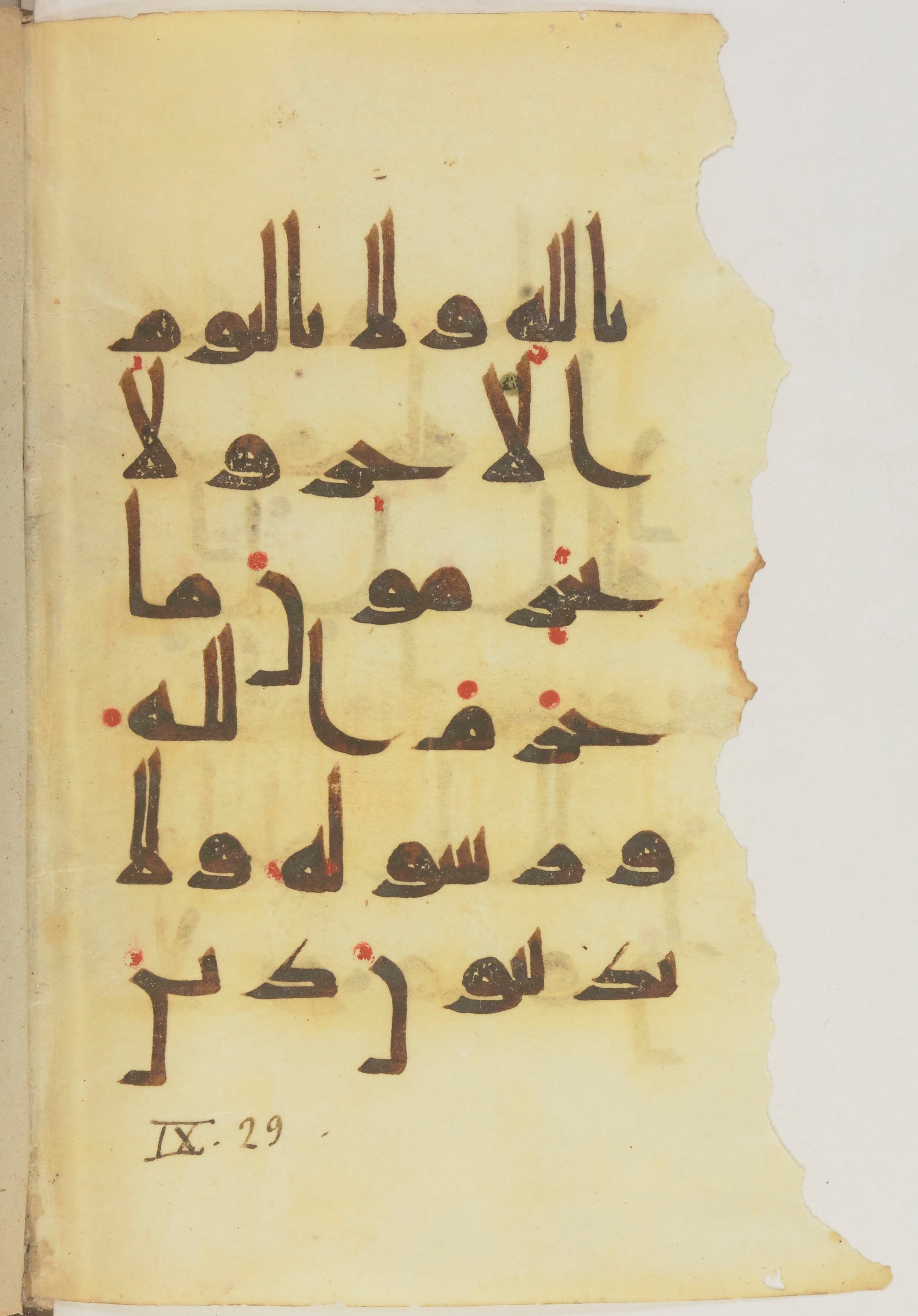 Paris, Bibliothèque nationale de France, Arabe 368 (Scan 2), in kūfī D.Vb script, showing Surah 9:29 from Mid 8th to Late 10th Century AD found in Fustat (Old Cairo), Egypt, currently housed at Bibliothèque nationale de France, Paris