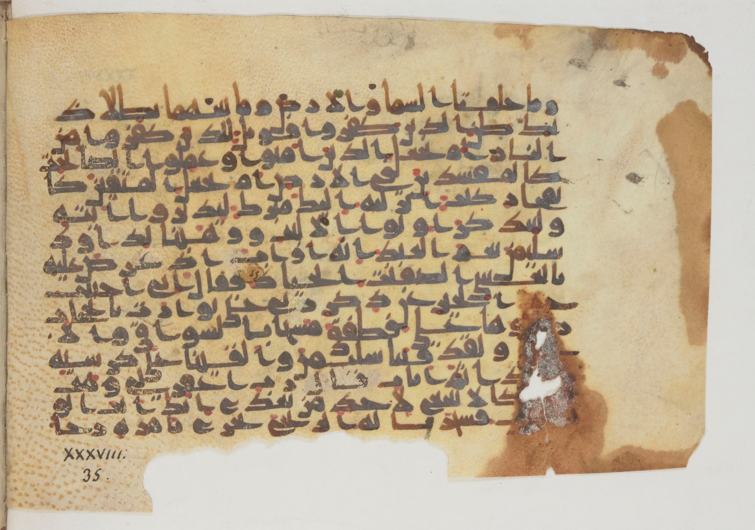 Paris, Bibliothèque nationale de France, Arabe 369 (a), in Kūfī (type D) script, showing Surah 38:35 from Mid 8th to Late 9th Century AD found in Fustat (Old Cairo), Egypt, currently housed at Bibliothèque nationale de France, Paris