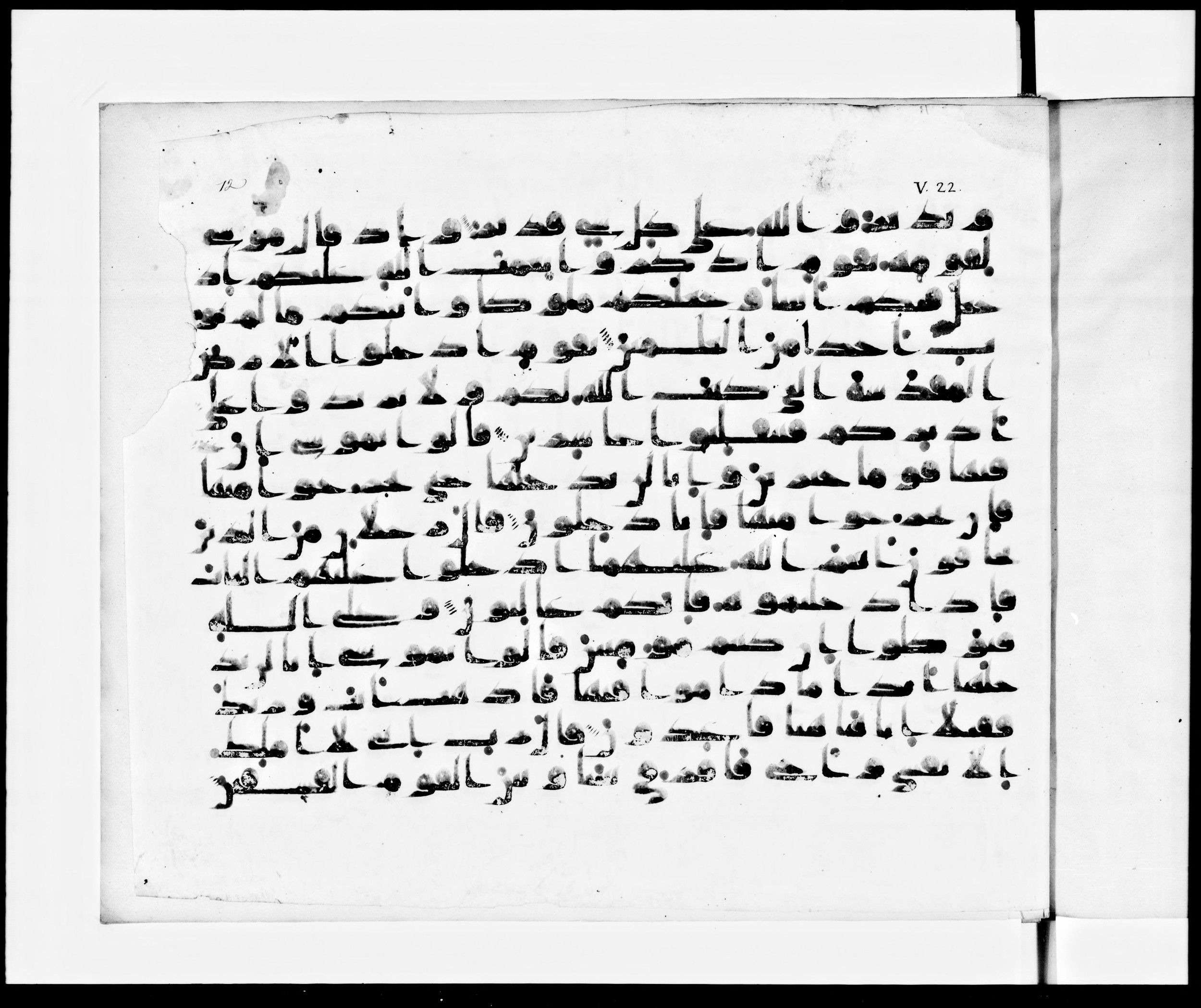 Arabe 371, in kūfī (subtype not classified) script, showing Surah 5:21 from Mid 8th to Late 10th Century AD found in Fustat (Old Cairo), Egypt, currently housed at Bibliothèque nationale de France, Paris