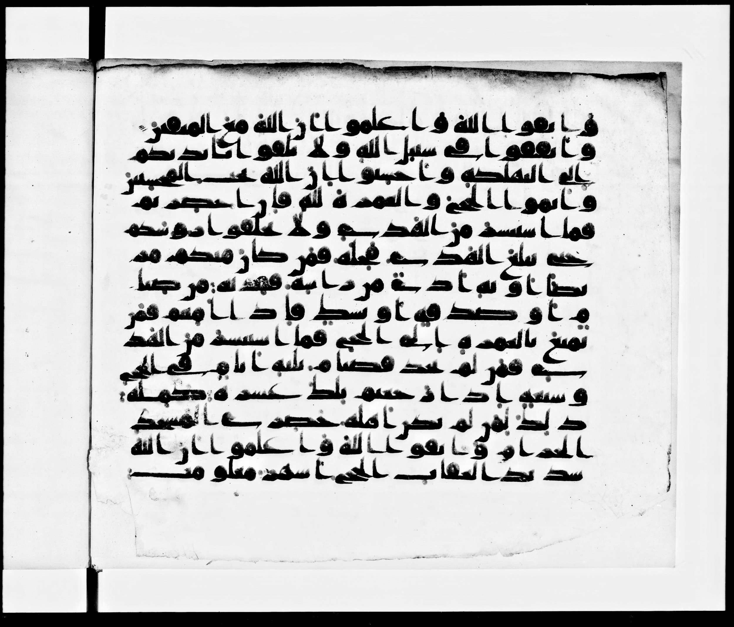 Arabe 371, in kūfī (subtype not classified) script, showing Surah 2:196 from Mid 8th to Late 10th Century AD found in Fustat (Old Cairo), Egypt, currently housed at Bibliothèque nationale de France, Paris