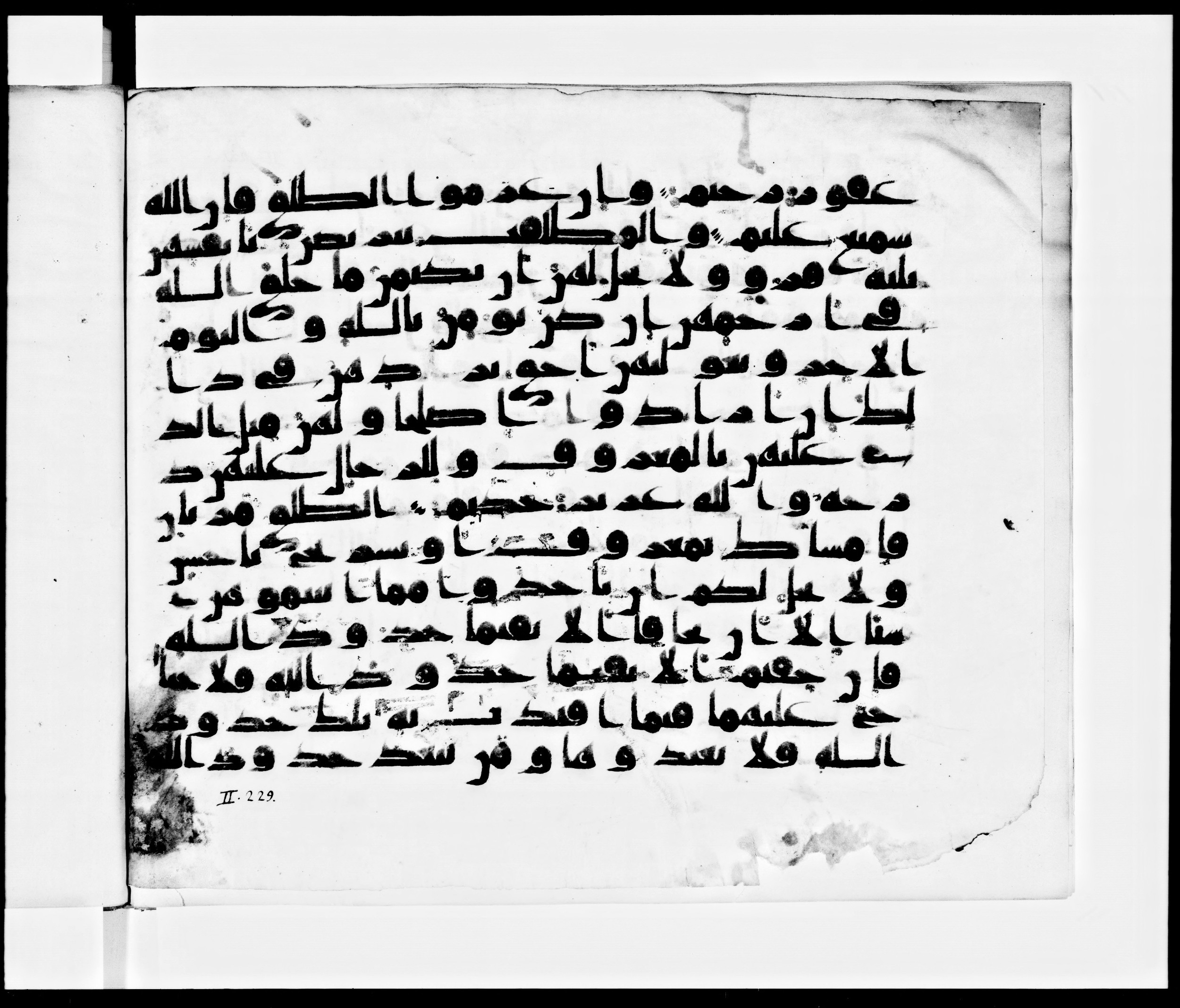 Arabe 371, in kūfī (subtype not classified) script, showing Surah 2:229 from Mid 8th to Late 10th Century AD found in Fustat (Old Cairo), Egypt, currently housed at Bibliothèque nationale de France, Paris