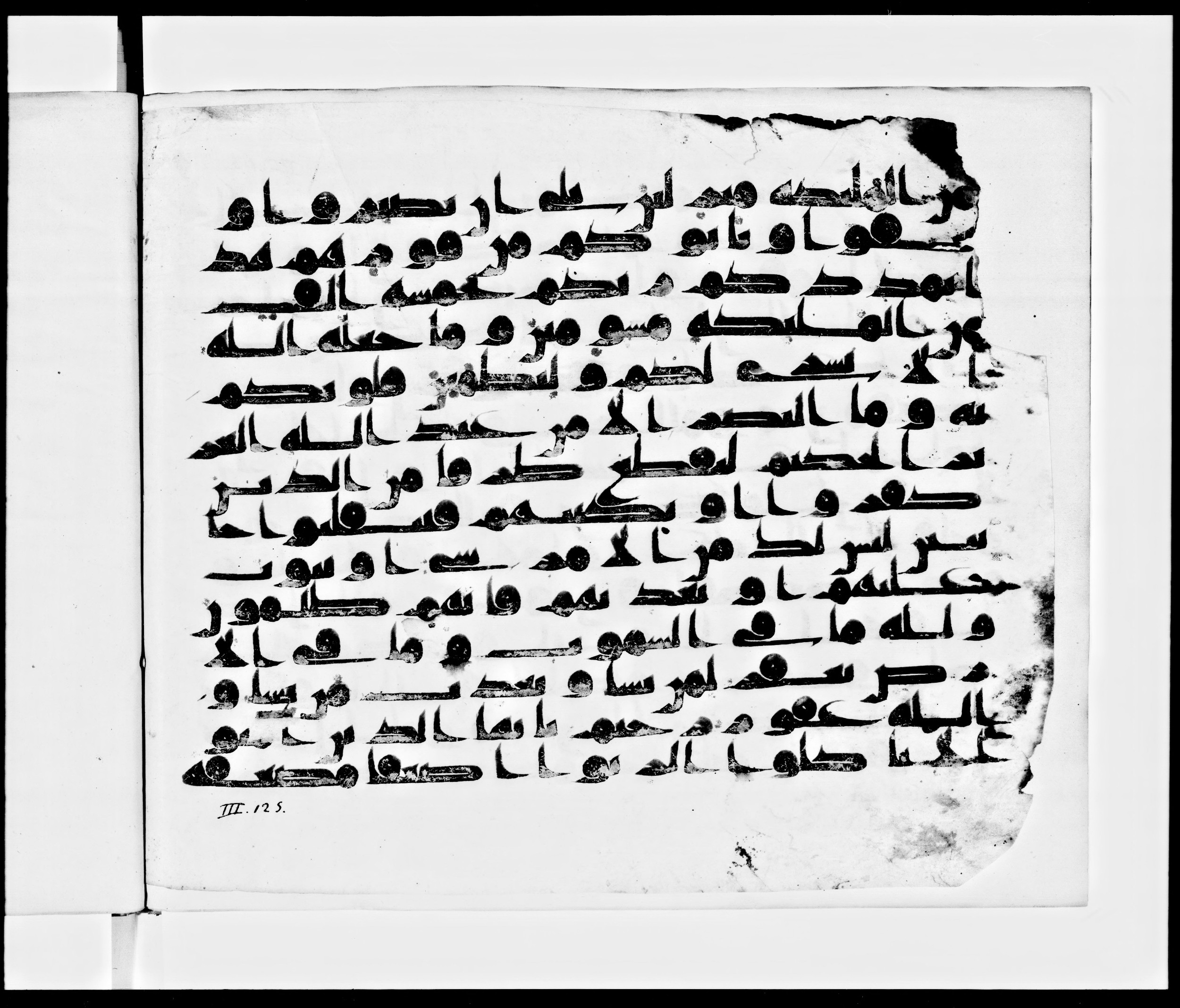 Arabe 371, in kūfī (subtype not classified) script, showing Surah 3:129 from Mid 8th to Late 10th Century AD found in Fustat (Old Cairo), Egypt, currently housed at Bibliothèque nationale de France, Paris